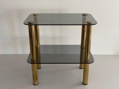 Mid-century Modern Greenish Thick Glass and Brass Legs Side Table, 1960s, Italy