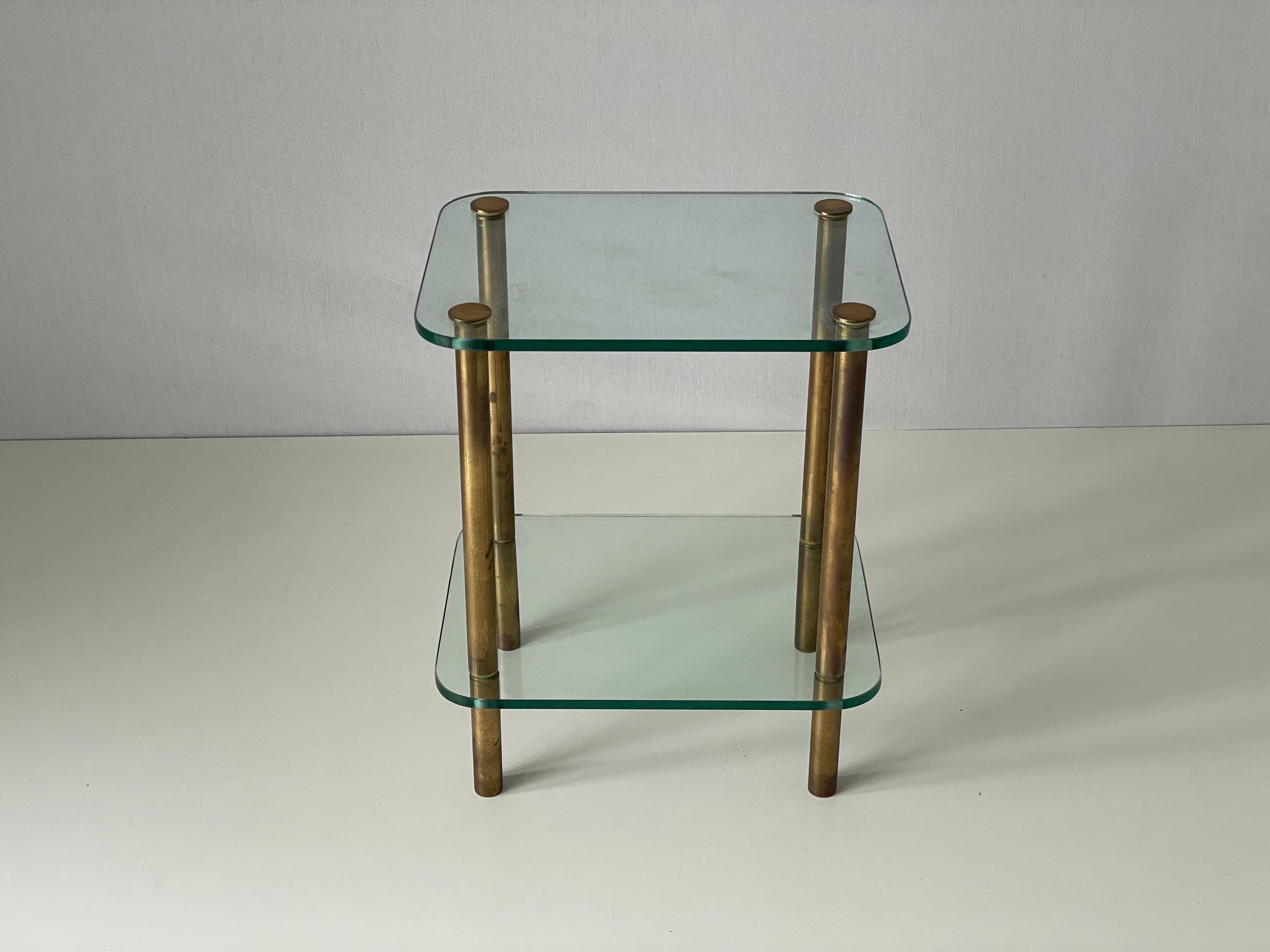Mid-Century Modern Mid-century Modern Greenish Thick Glass and Brass Side Table, 1960s, Italy For Sale