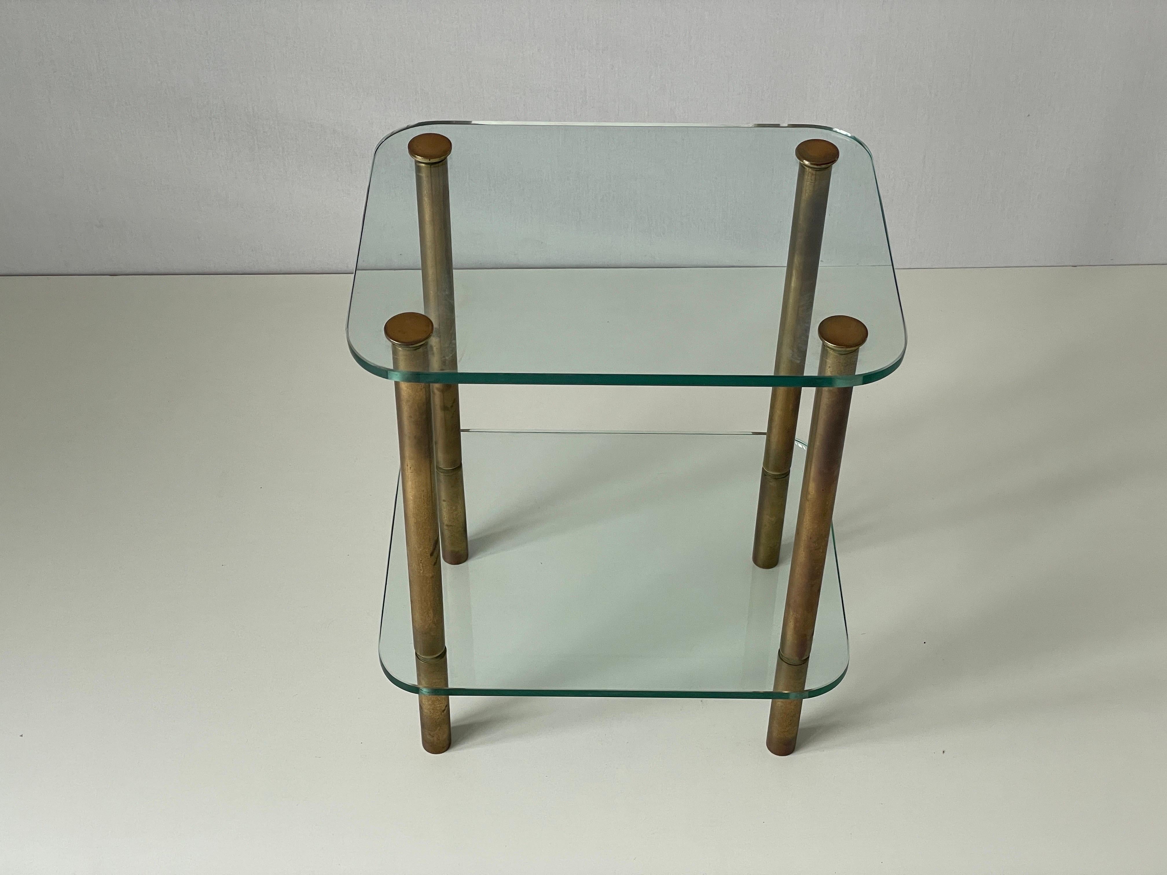 Mid-20th Century Mid-century Modern Greenish Thick Glass and Brass Side Table, 1960s, Italy For Sale