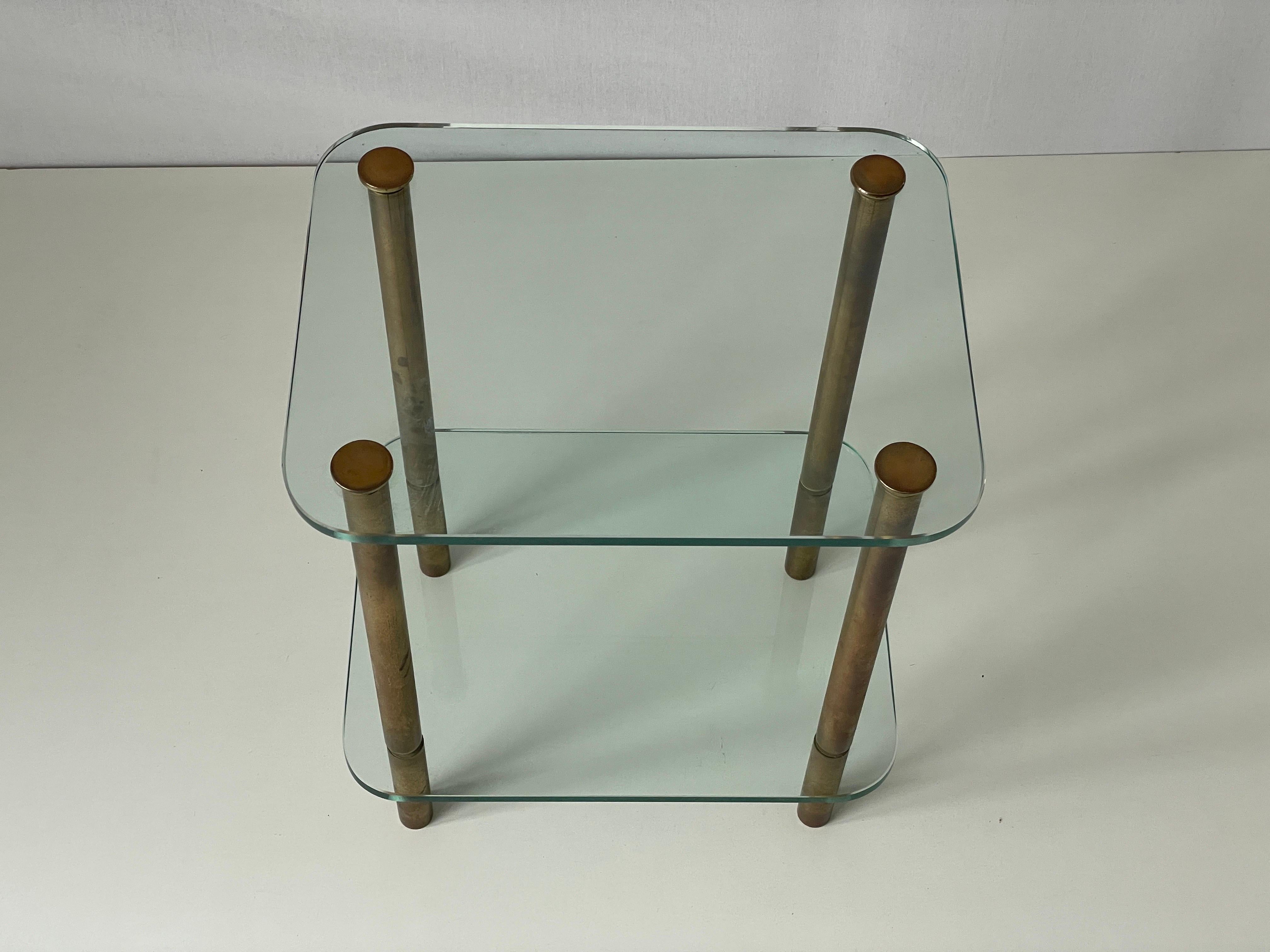 Mid-century Modern Greenish Thick Glass and Brass Side Table, 1960s, Italy For Sale 1