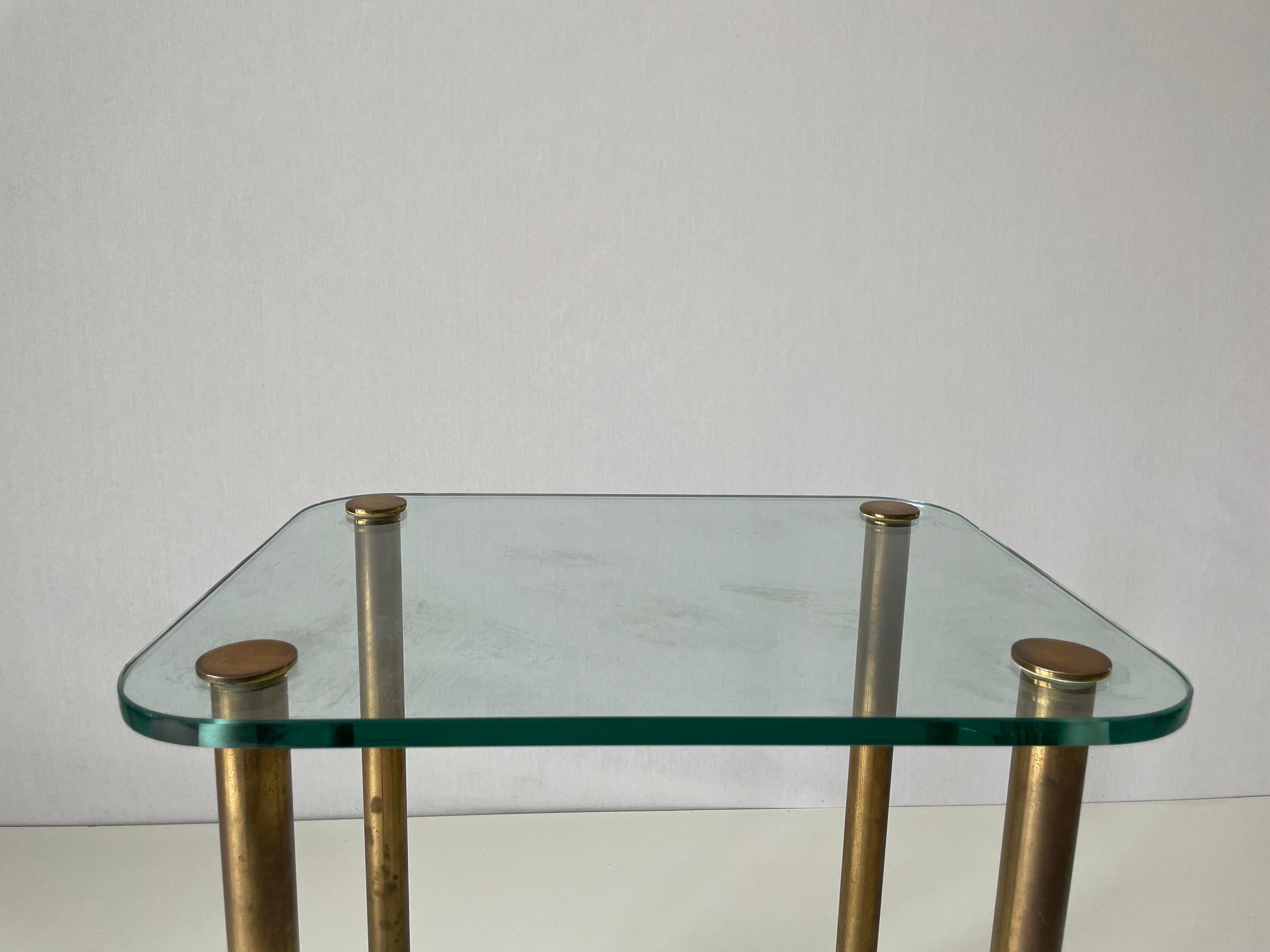 Mid-century Modern Greenish Thick Glass and Brass Side Table, 1960s, Italy For Sale 3