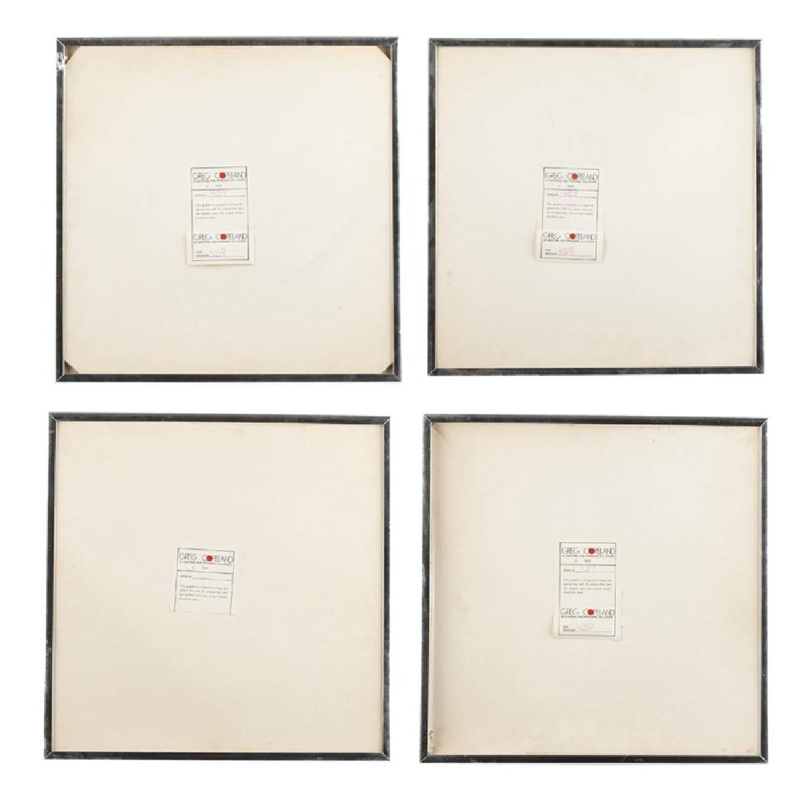 Mid-Century Modern set of four.
Layered cut card under glass in four pieces
Each: Signed in graphite: Copeland, numbered on an artist's label affixed verso: #439
Measures: Each: 17.5