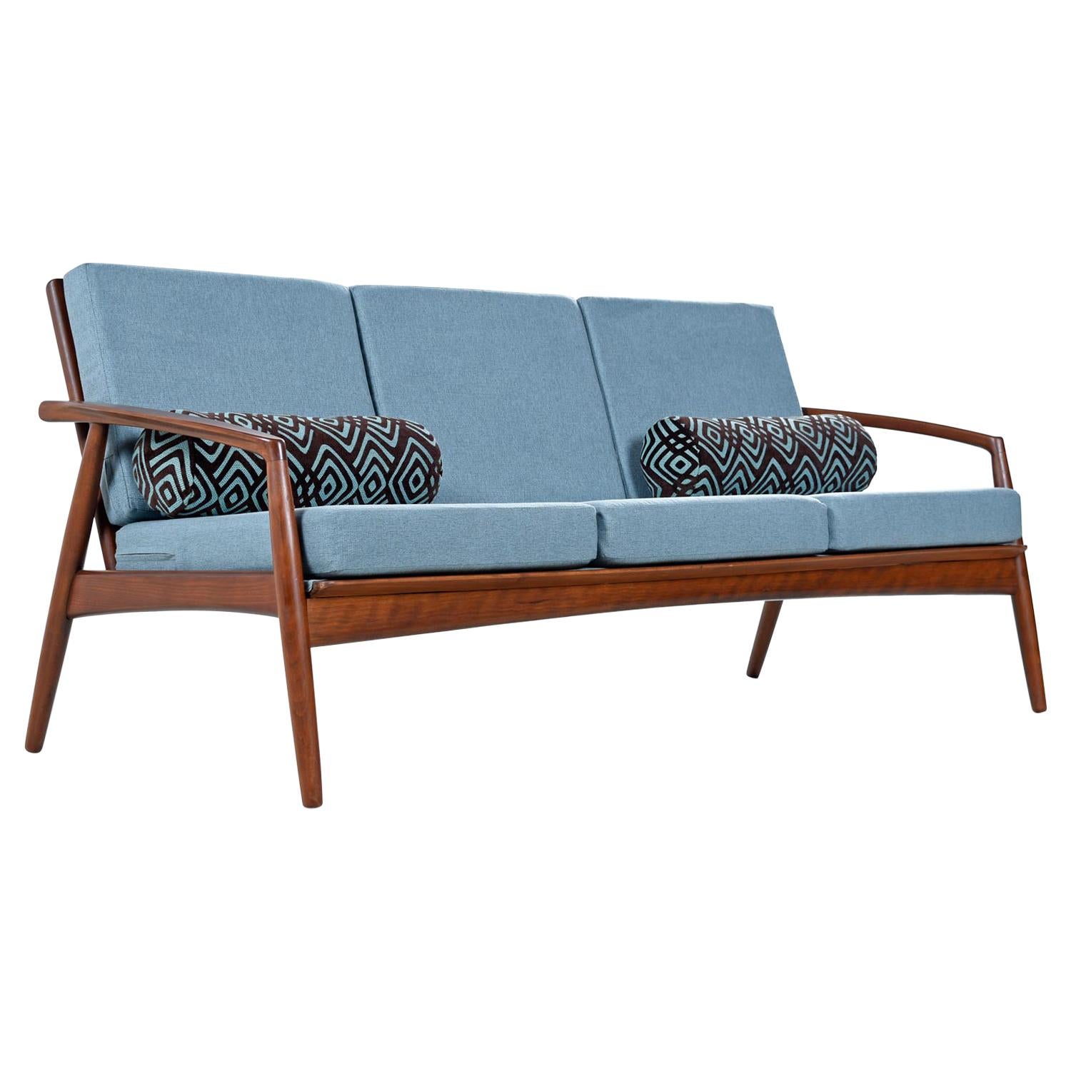 Mid-Century Modern Grete Jalk Style Three-Seat Walnut Frame Sofa Couch
