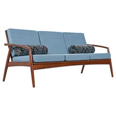 Used Mid-Century Modern Grete Jalk Style Three-Seat Walnut Frame Sofa Couch