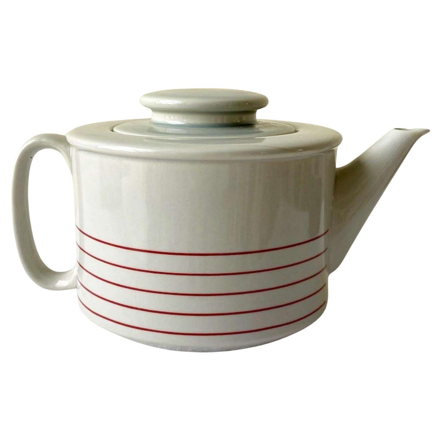 Mid Century Modern Grey and Red Striped Ceramic Tea Pot by Copco For