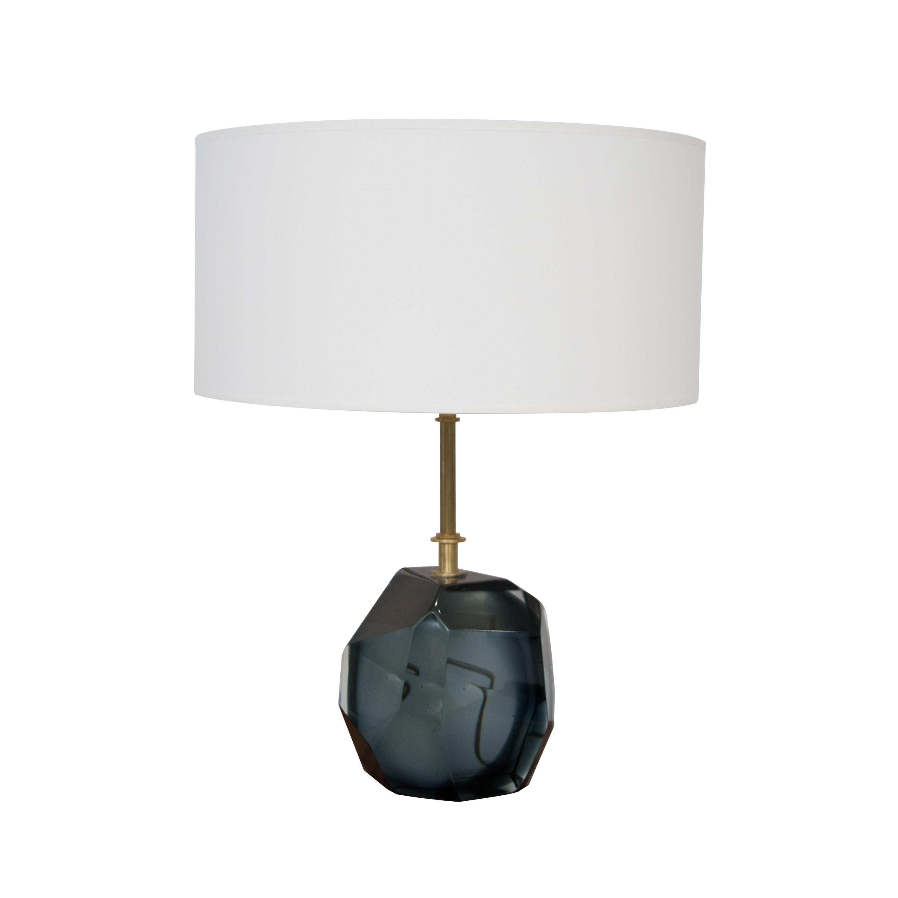 Table lamp with Murano faceted glass in translucent grey and brass stem made by hand.