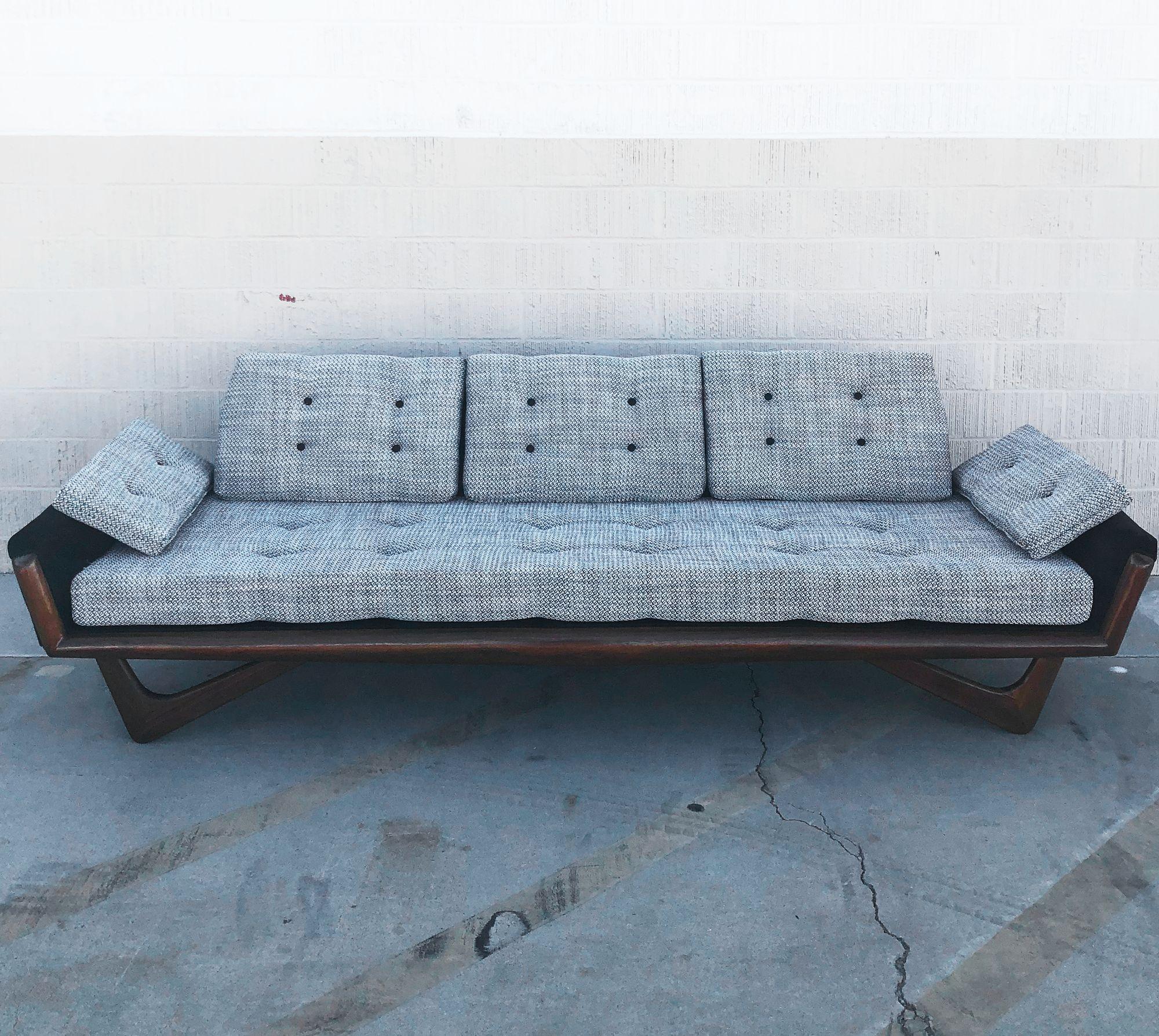 Mid Century Modern Grey Tweed and Walnut Pearsall Gondola Sofa 1