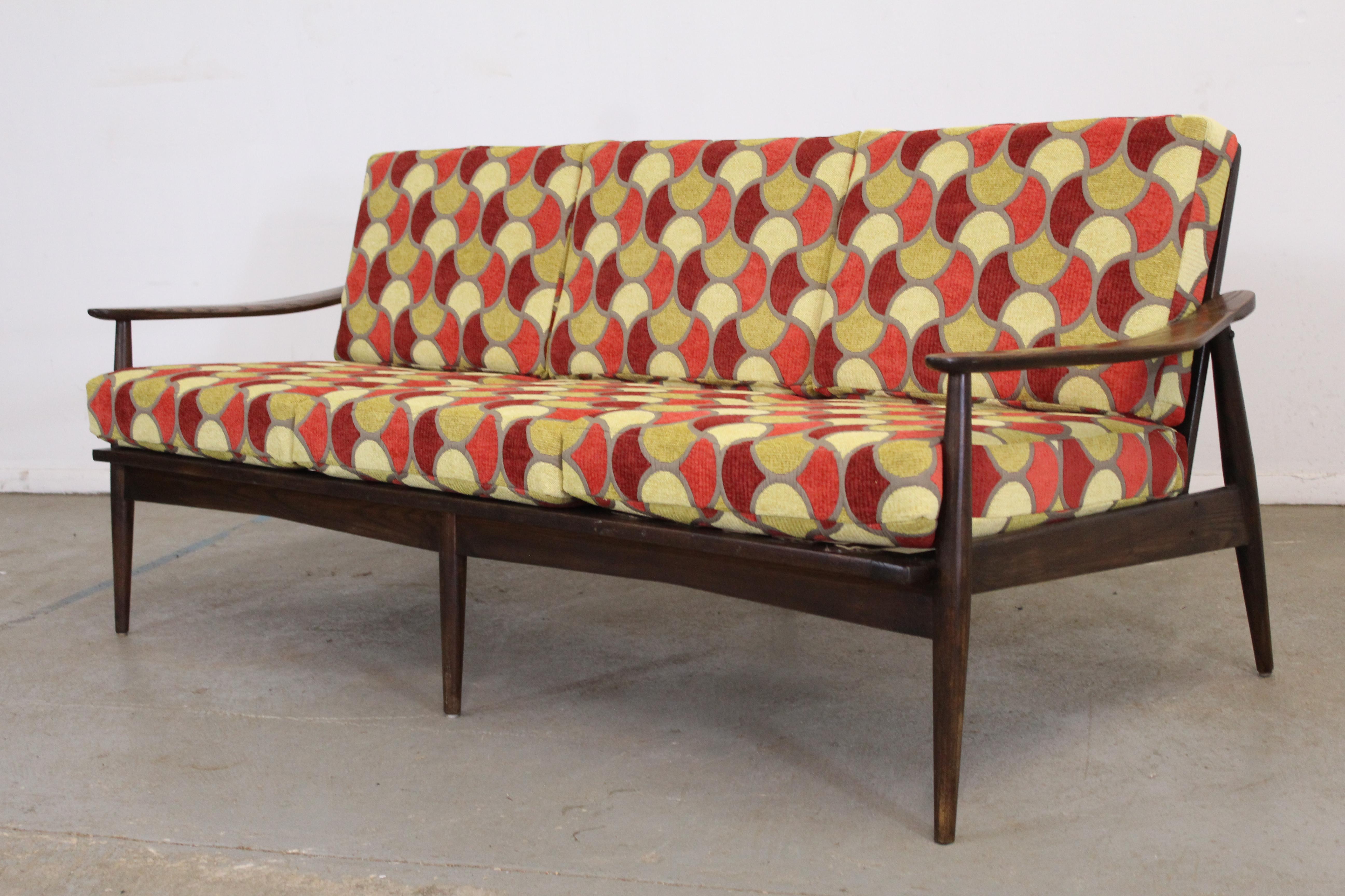 Mid-Century Modern Groovy Geometric 3 Cushion Open Arm Walnut Sofa For Sale 6