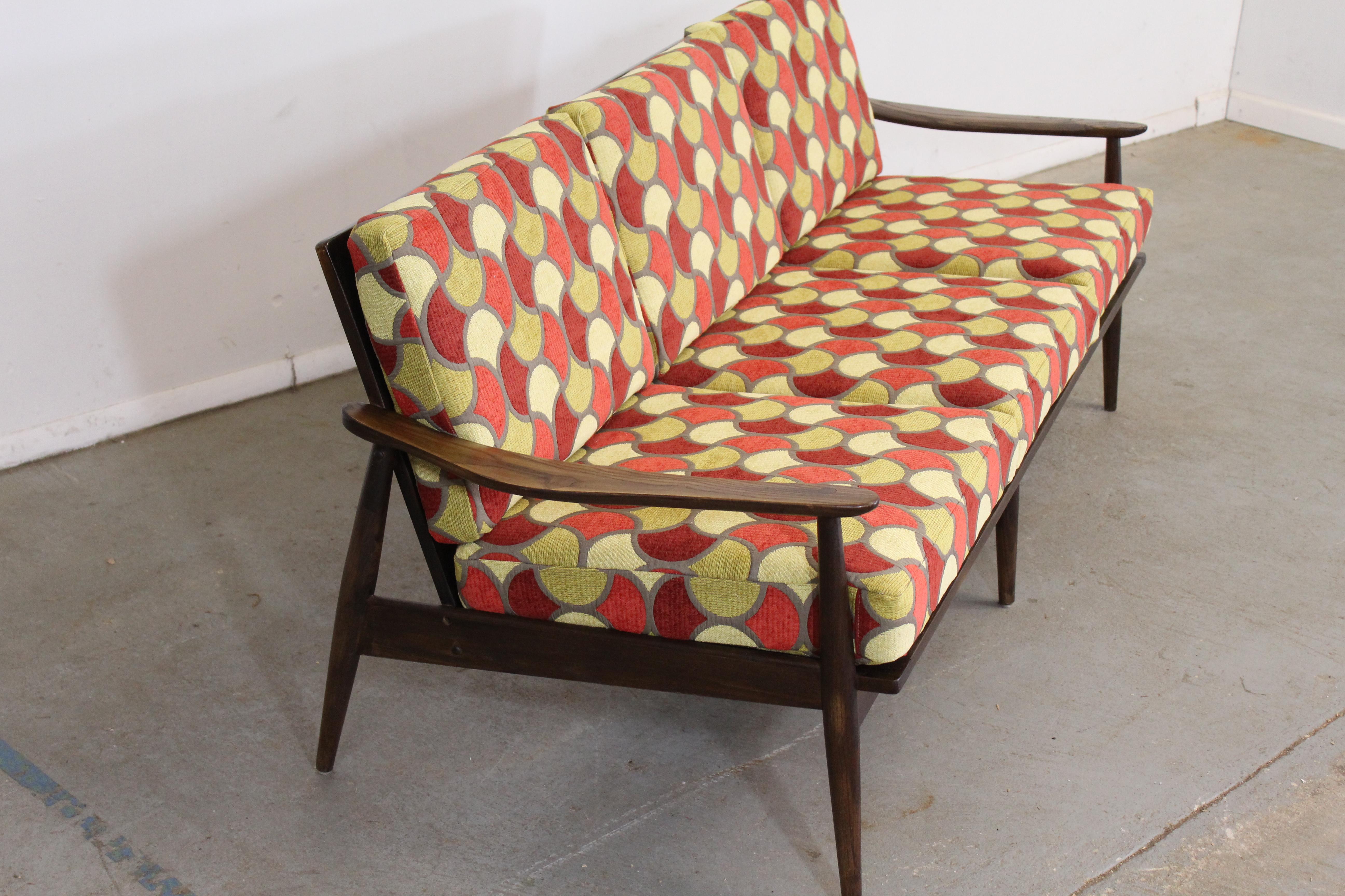 American Mid-Century Modern Groovy Geometric 3 Cushion Open Arm Walnut Sofa For Sale