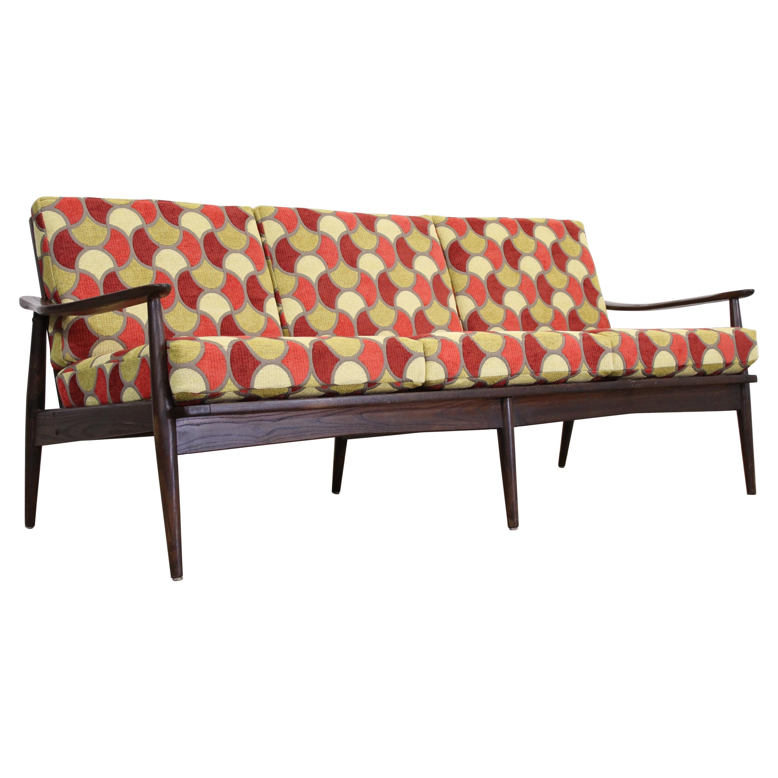 Mid-Century Modern Groovy Geometric 3 Cushion Open Arm Walnut Sofa