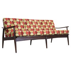 Mid-Century Modern Groovy Geometric 3 Cushion Open Arm Walnut Sofa