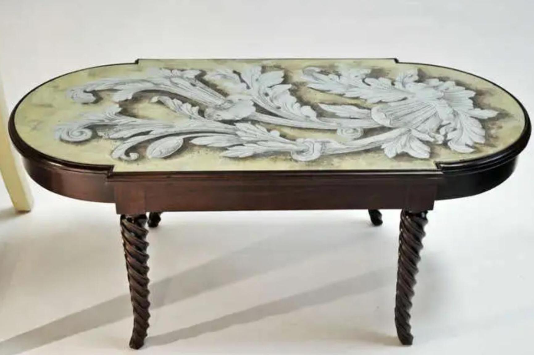 Mid Century Modern Grosfeld House Cocktail Table With Eglomise Glass Top In Good Condition For Sale In LOS ANGELES, CA