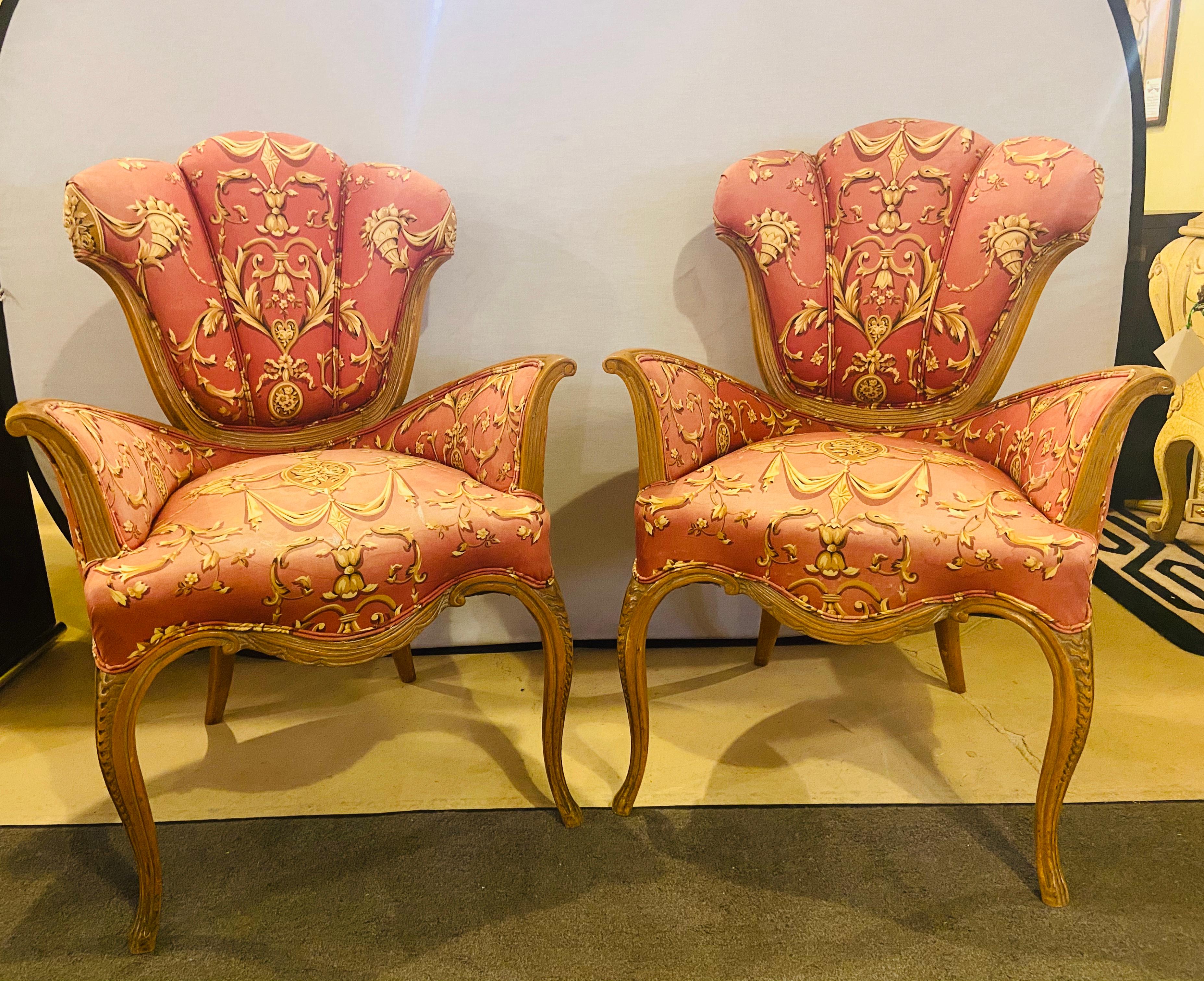 Pair of finely carved Grosfeld House Sweetheart chairs. Mid-Century Modern with custom original fabric. Slight staining can use a good cleaning. 

Dimensions: 22.5