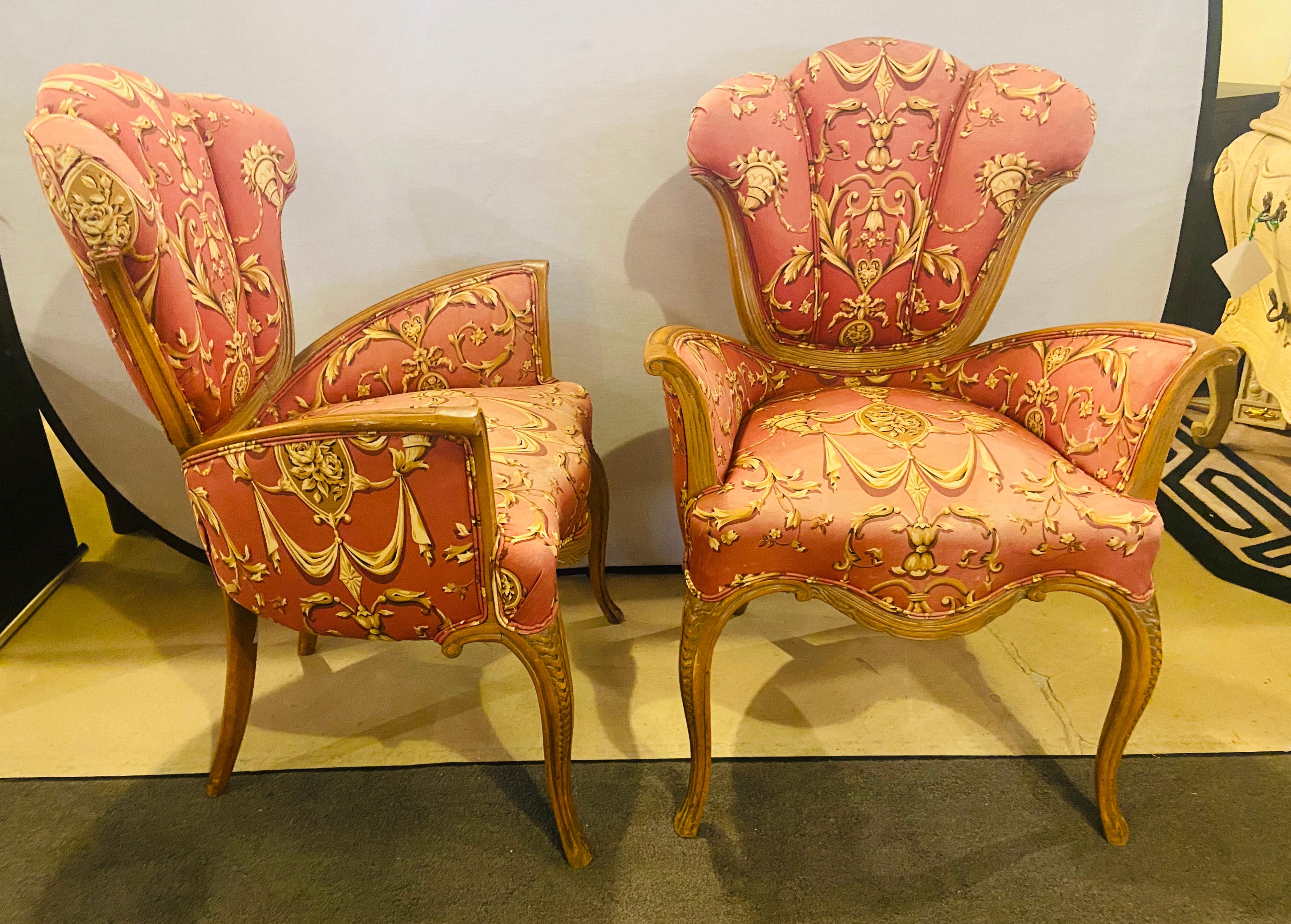 Fabric Mid-Century Modern Grosfeld House Sweetheart Chairs, a Fine Carved Pair