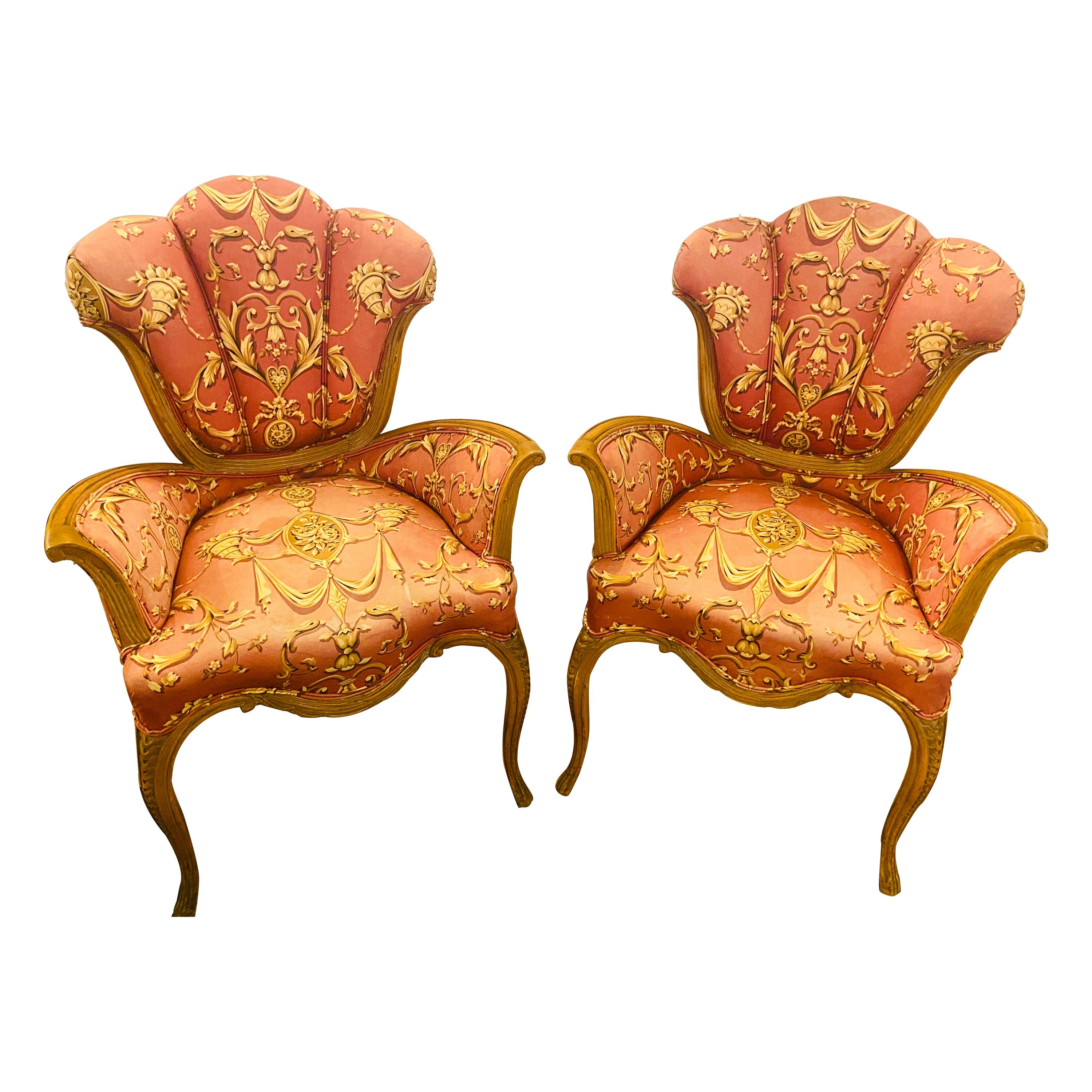 Mid-Century Modern Grosfeld House Sweetheart Chairs, a Fine Carved Pair