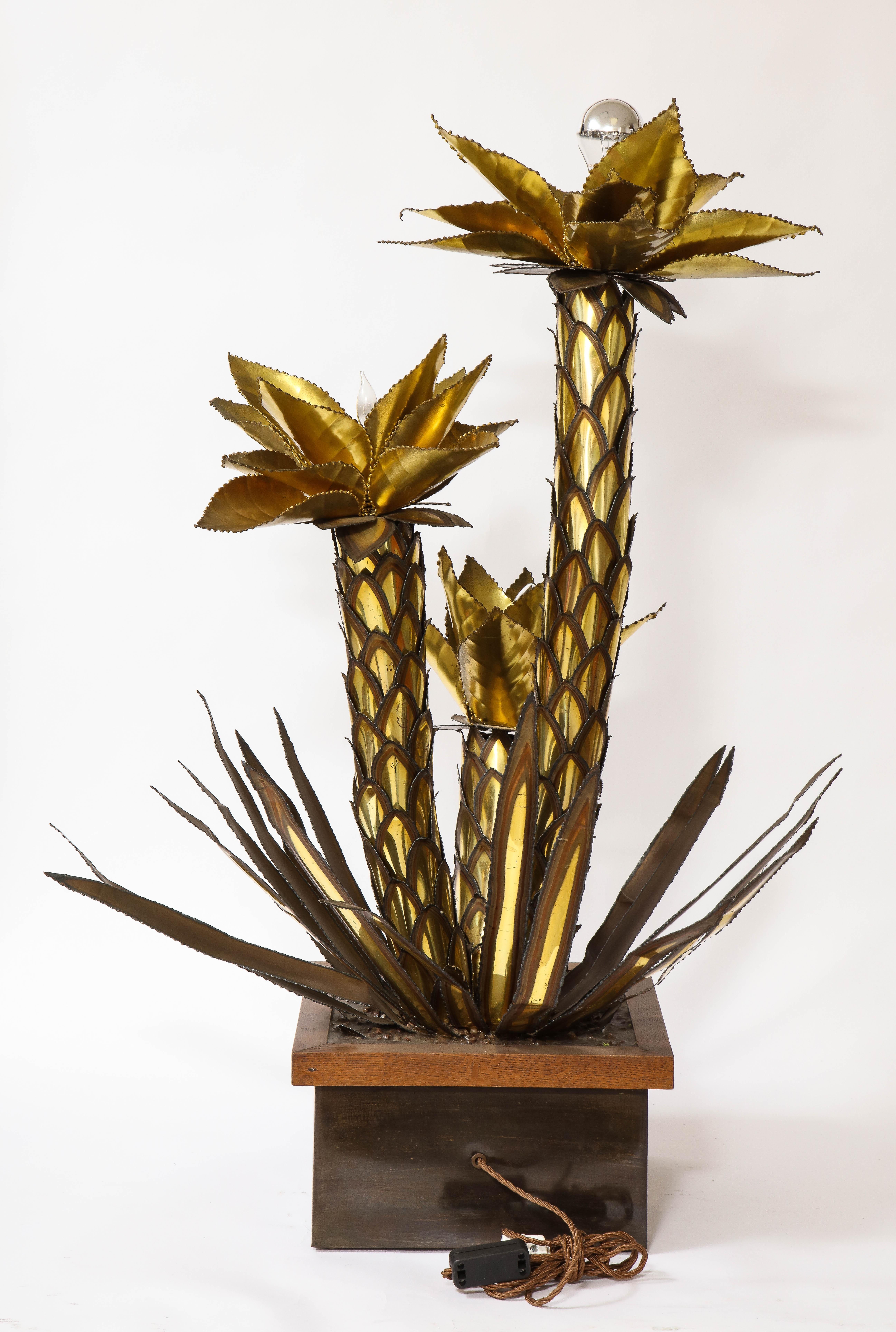 French Mid-Century Modern Group of Patinated & Gilt Metal Palm Tree Form Lamps, Jansen For Sale