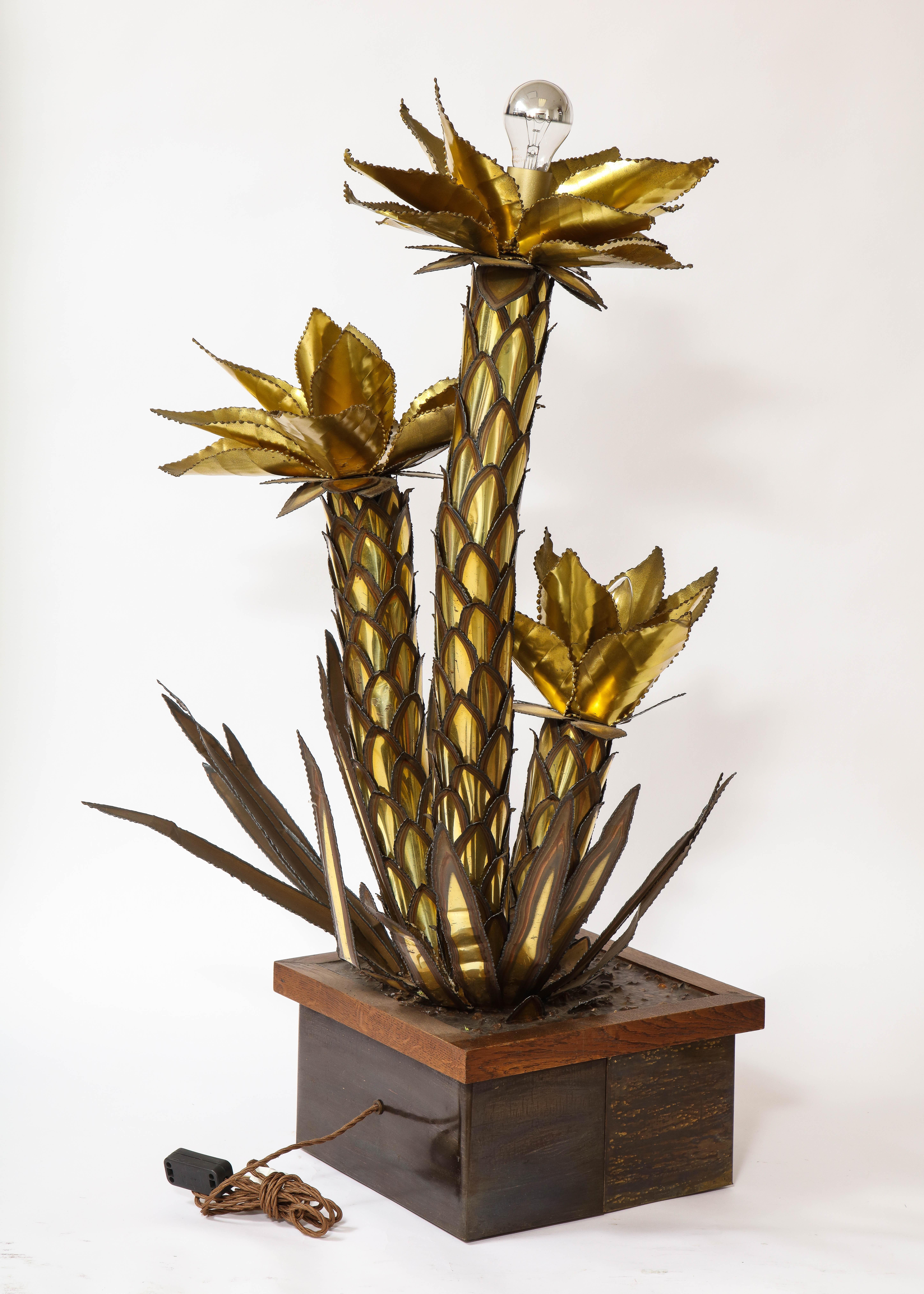 Mid-Century Modern Group of Patinated & Gilt Metal Palm Tree Form Lamps, Jansen In Good Condition For Sale In New York, NY