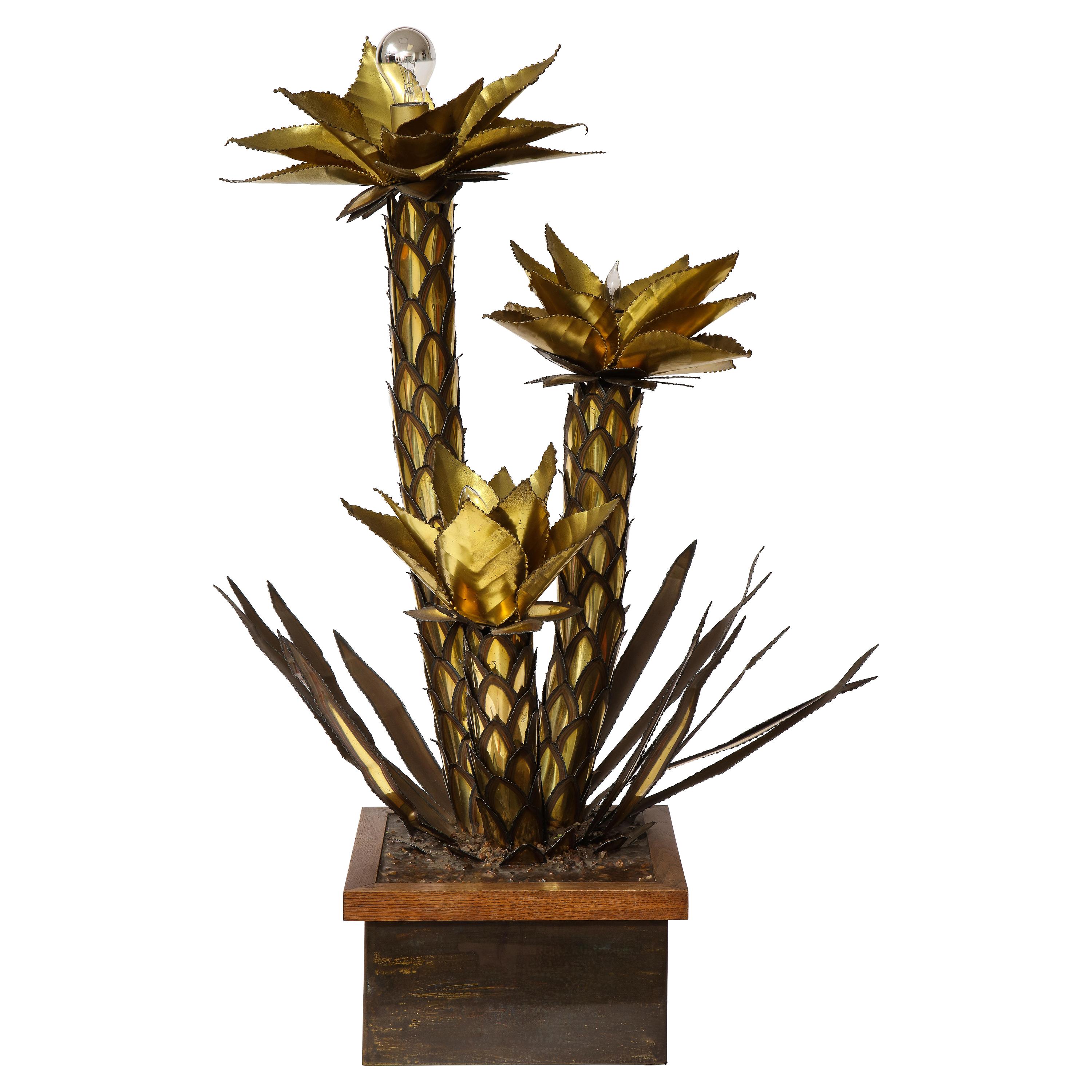 Mid-Century Modern Group of Patinated & Gilt Metal Palm Tree Form Lamps, Jansen For Sale