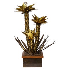 Mid-Century Modern Group of Patinated & Gilt Metal Palm Tree Form Lamps, Jansen
