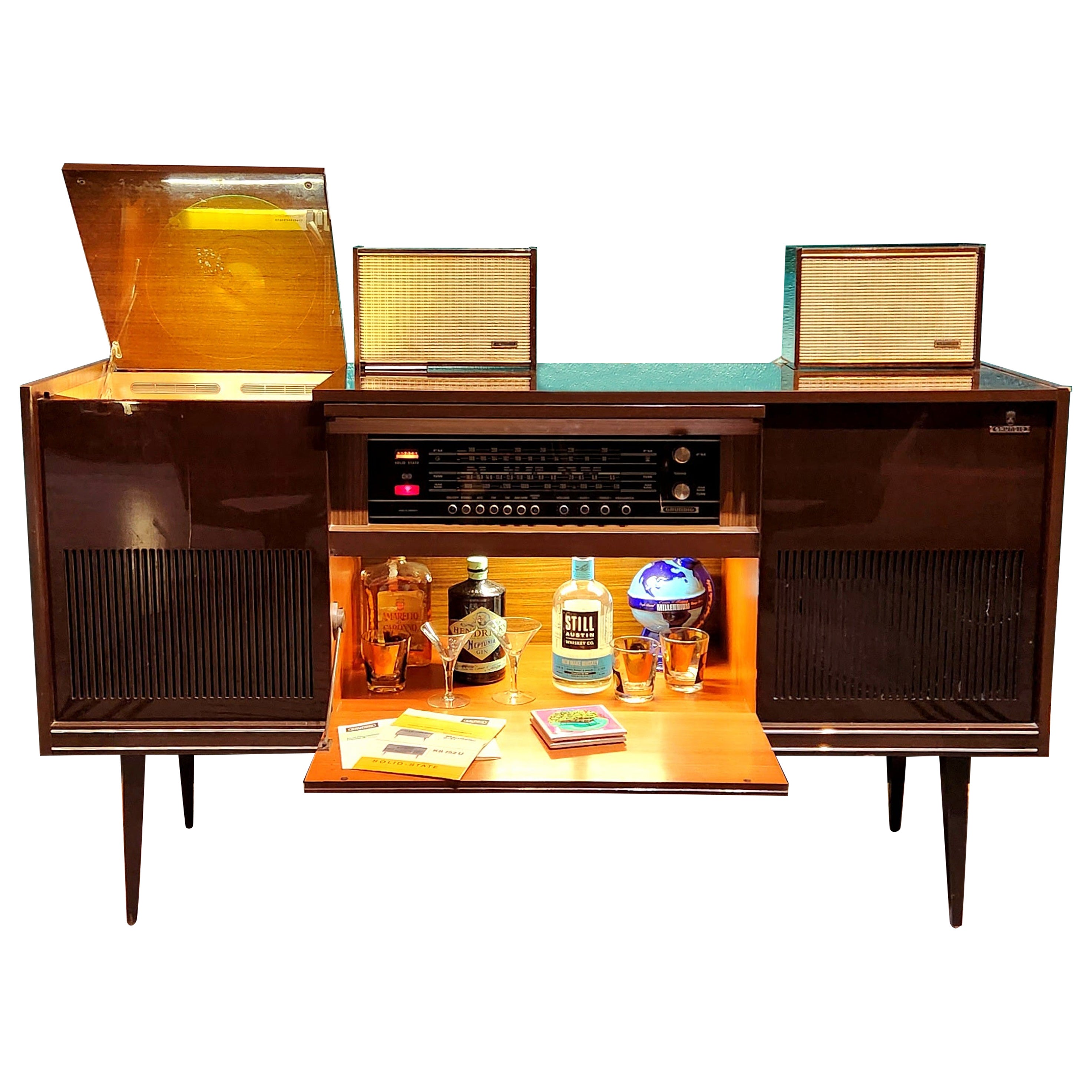 Mid-Century Modern Grundig stereo console bar record player speakers eames