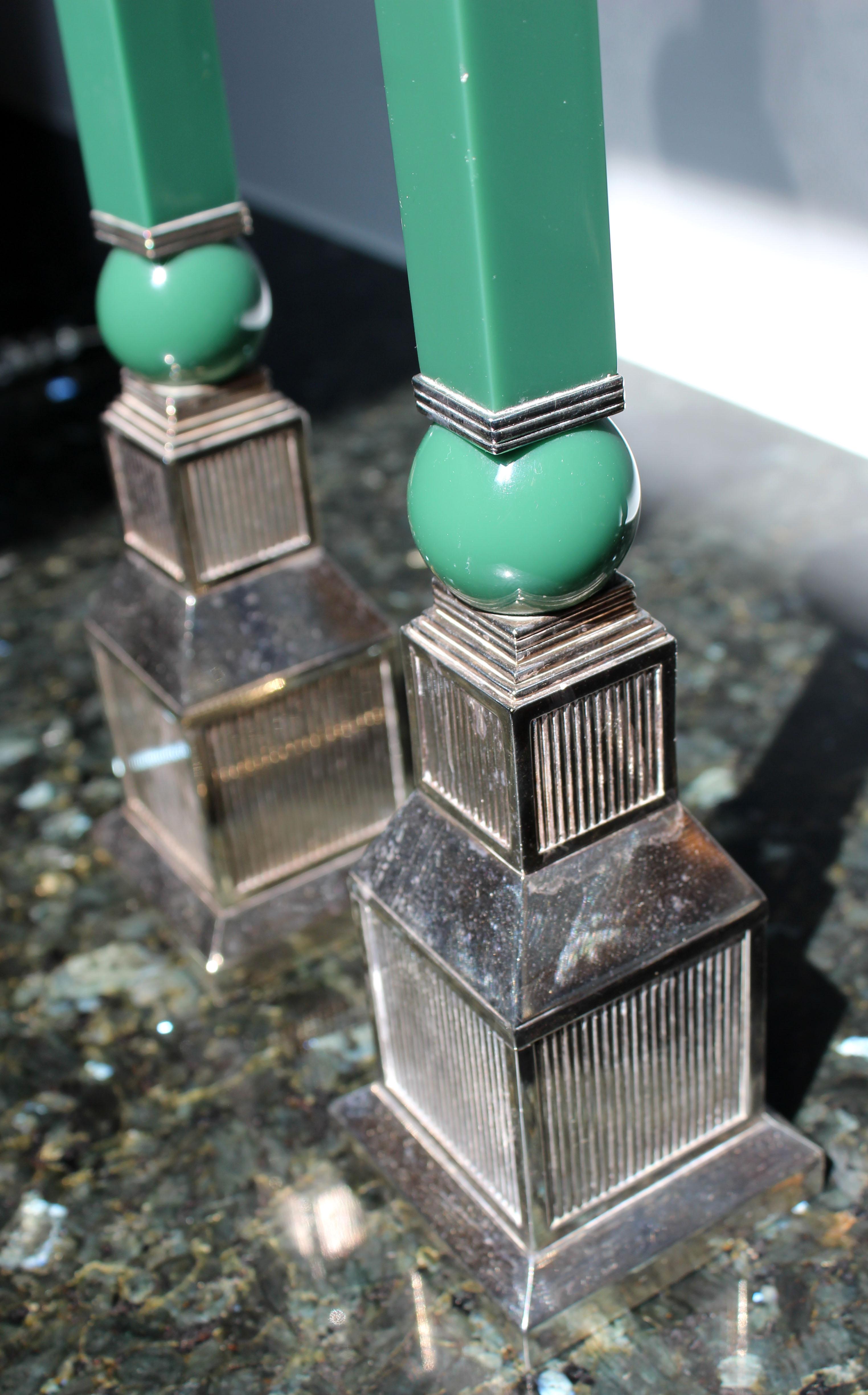 French Mid-Century Modern Gucci Pair of Silver Plated Candlesticks Green Resin, 1970s
