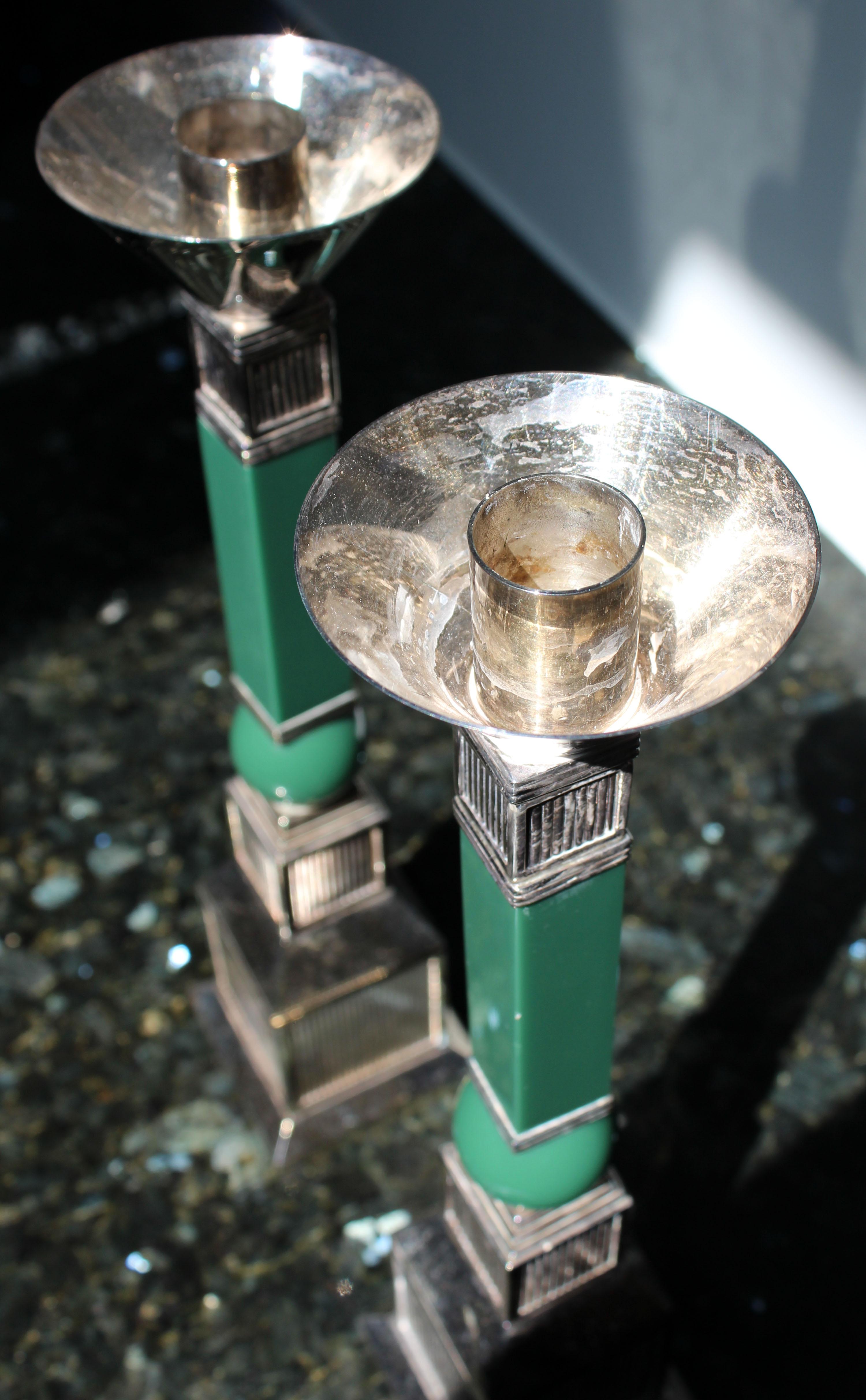 Mid-Century Modern Gucci Pair of Silver Plated Candlesticks Green Resin, 1970s In Good Condition In Keego Harbor, MI