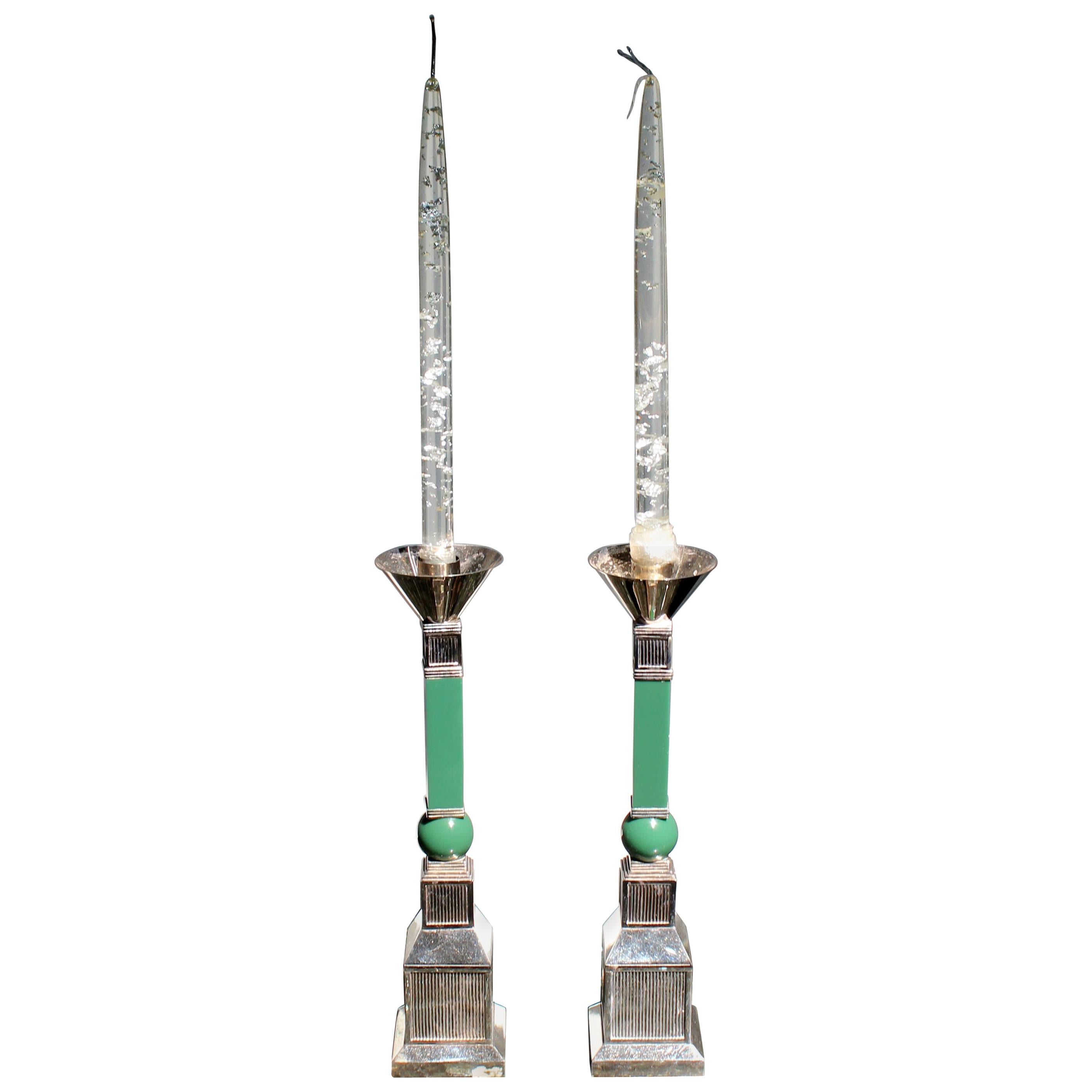 Mid-Century Modern Gucci Pair of Silver Plated Candlesticks Green Resin, 1970s