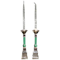 Vintage Mid-Century Modern Gucci Pair of Silver Plated Candlesticks Green Resin, 1970s