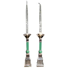 Mid-Century Modern Gucci Pair of Silver Plated Candlesticks Green Resin, 1970s