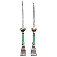 Mid-Century Modern Gucci Pair of Silver Plated Candlesticks Green Resin, 1970s
