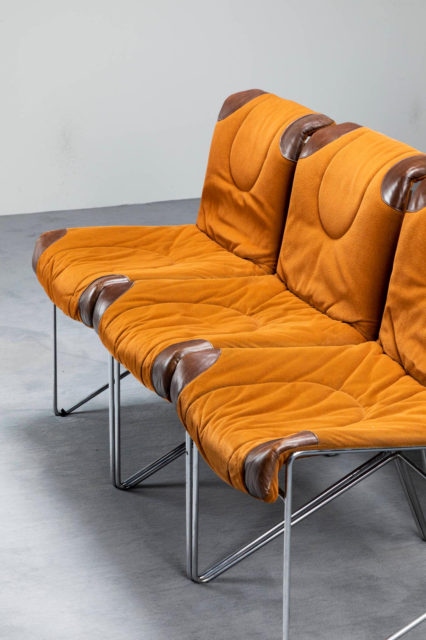 Mid-Century Modern Guido Faleschini, Set of 6 Orange Steel Chairs Upholstered 3
