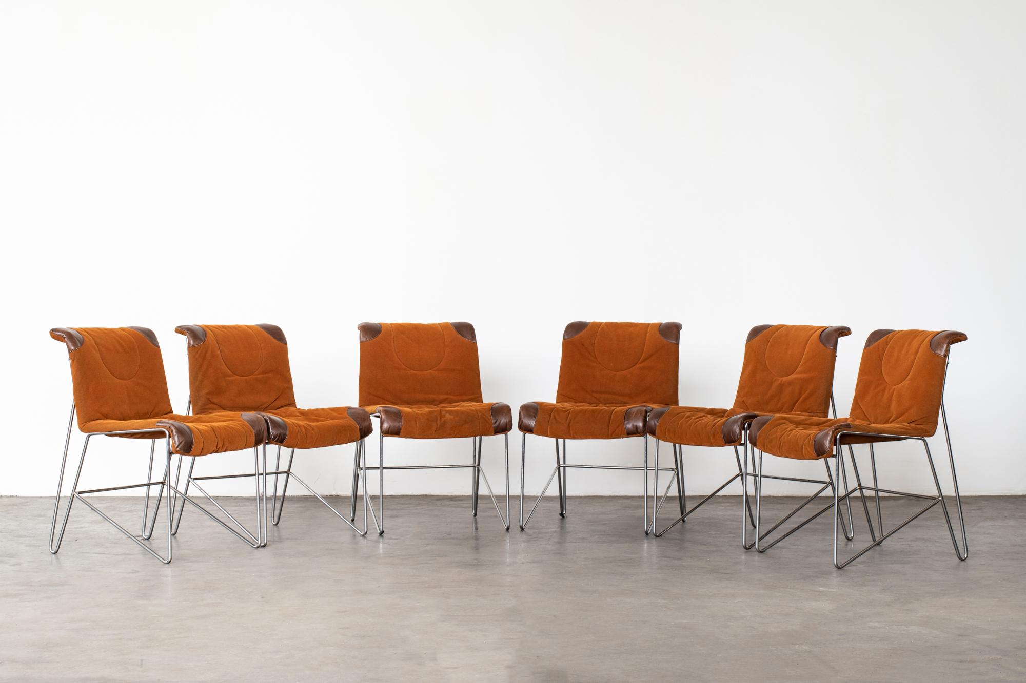 Italian Mid-Century Modern Guido Faleschini, Set of 6 Orange Steel Chairs Upholstered