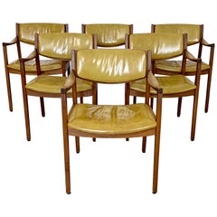 Vintage Mid-Century Modern Gunlocke Set of 6 Walnut Vinyl Dining Chairs 1970s Risom Era