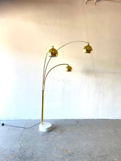 Mid-Century Modern Guzzini 3 Arm Arc Brass Floor Lamp Marble Base