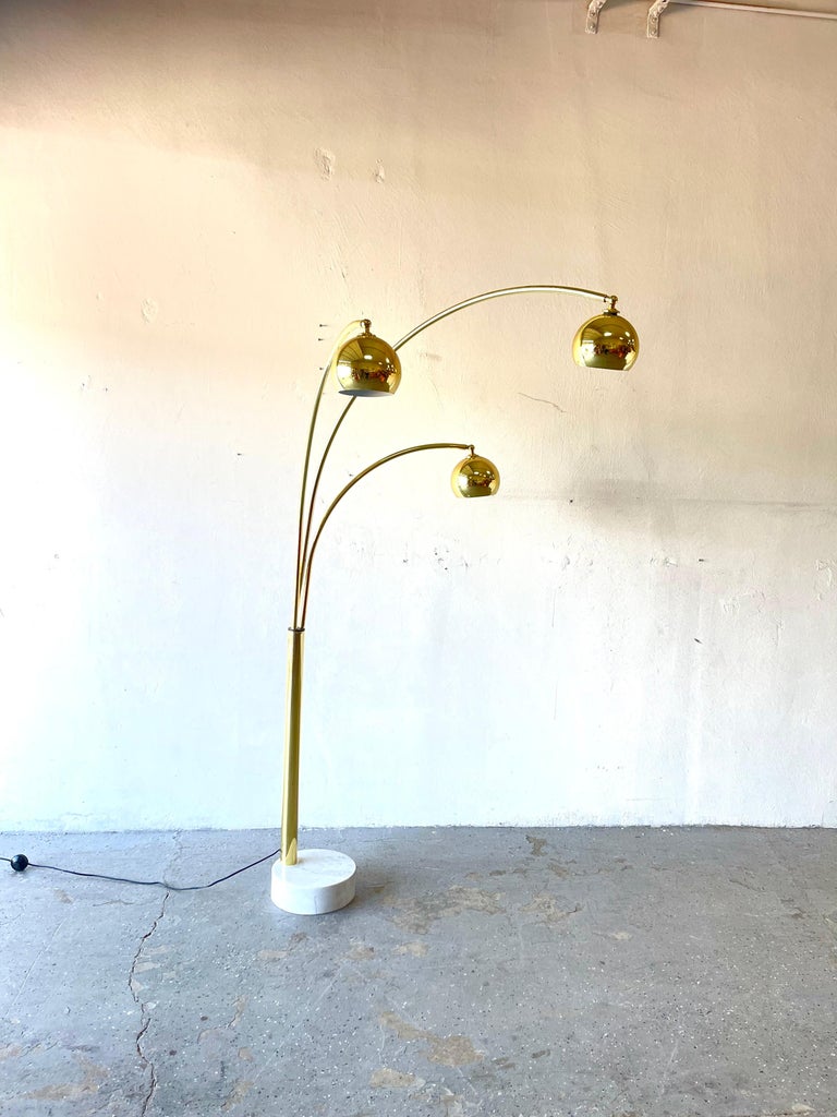 Mid-Century Modern Guzzini 3 Arm Arc Brass Floor Lamp Marble Base For ...