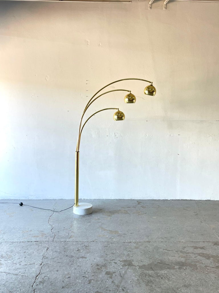 Mid-Century Modern Guzzini 3 Arm Arc Brass Floor Lamp Marble Base For ...