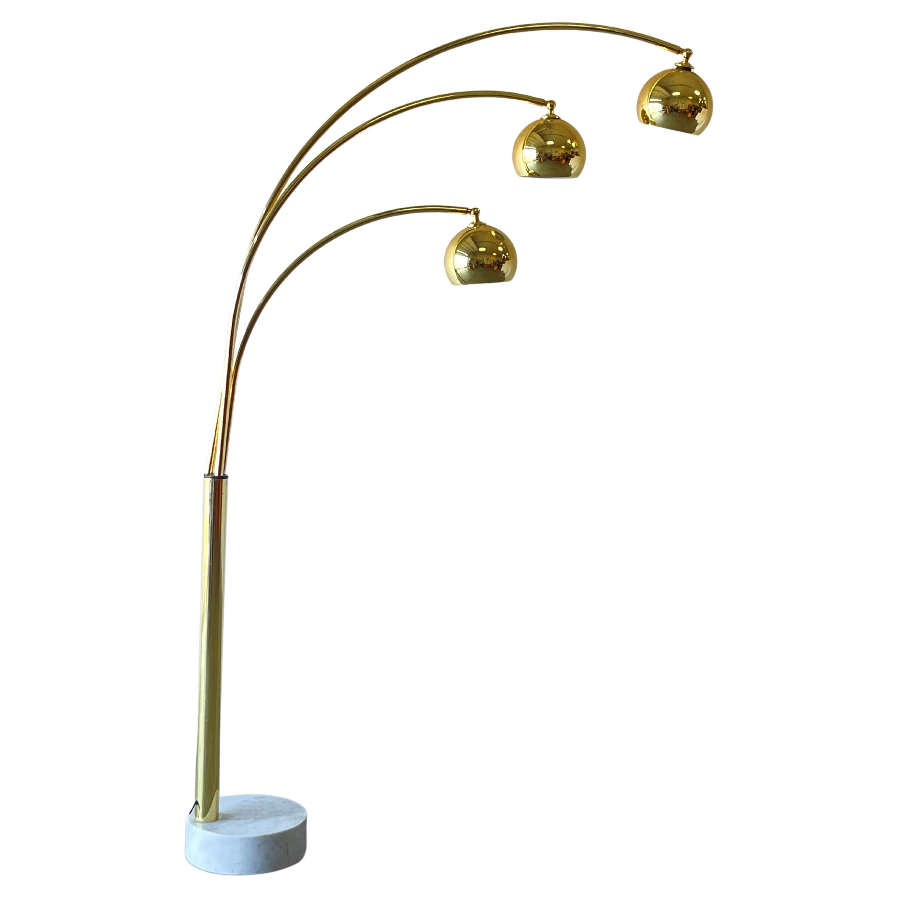 Mid-Century Modern Guzzini 3 Arm Arc Brass Floor Lamp Marble Base