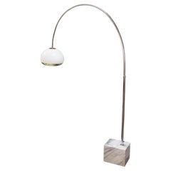 Mid-Century Modern Guzzini White Marble Base Chrome Arc Floor Lamp Italian 1960s