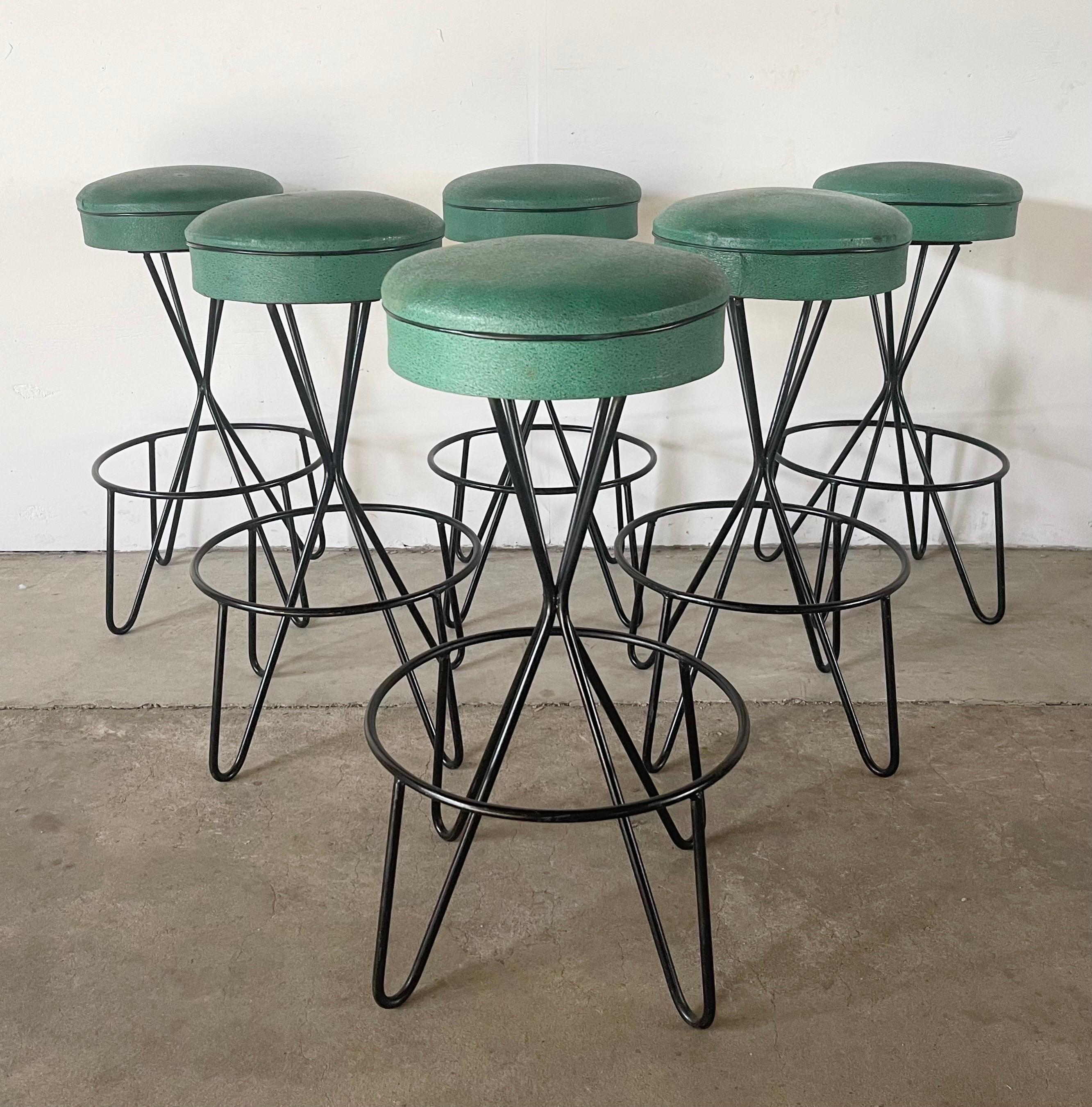20th Century Mid-Century Modern Hairpin Leg Barstools, Set of Six