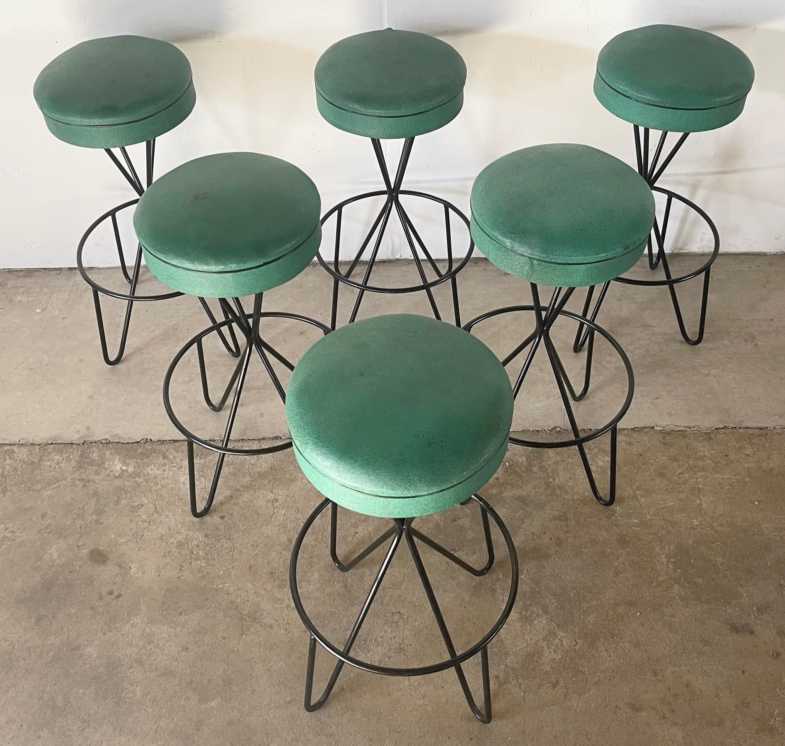 Iron Mid-Century Modern Hairpin Leg Barstools, Set of Six