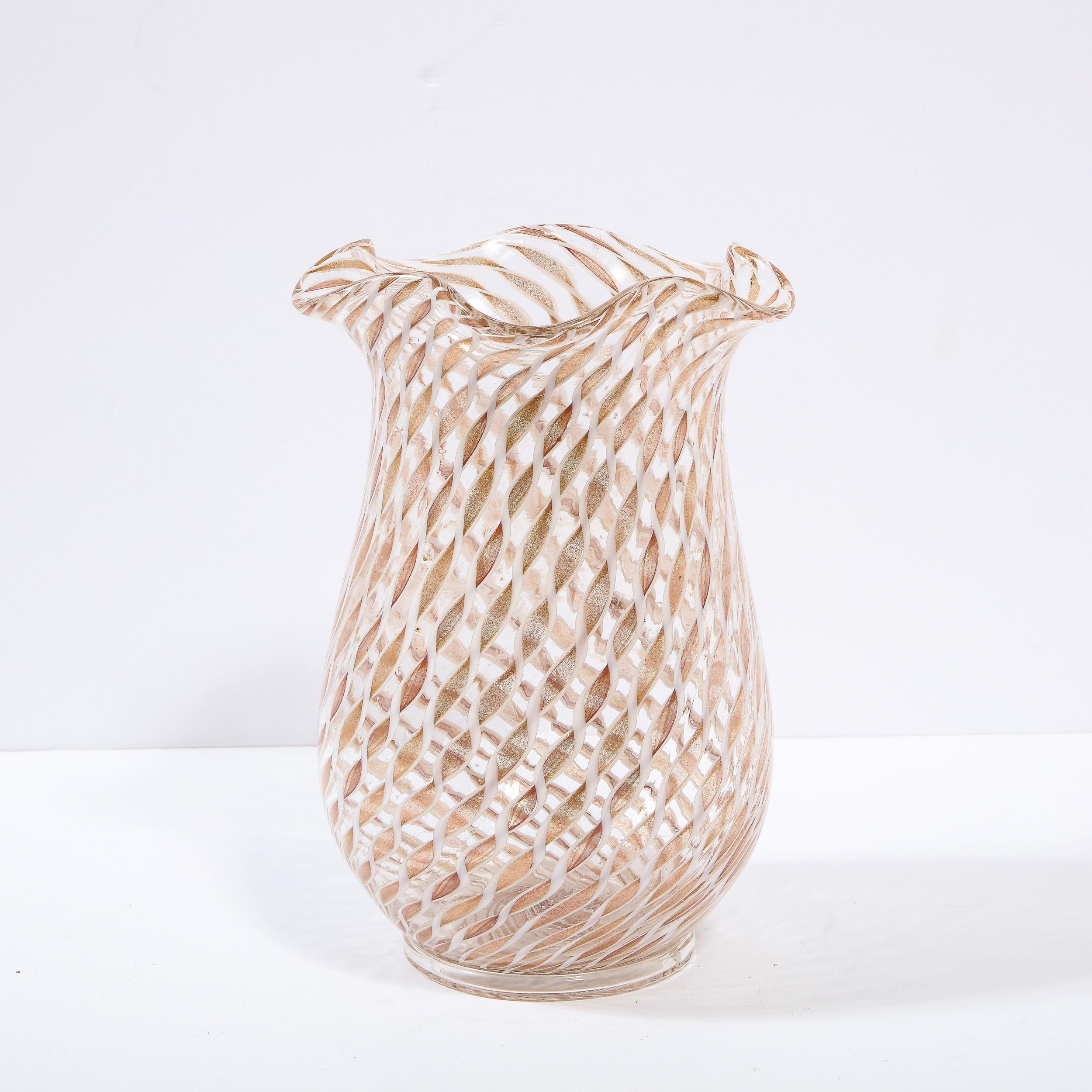 Italian Mid Century Modern Hanblown Murano Scalloped Top Vase w/ 24kt Gold Helix Pattern For Sale