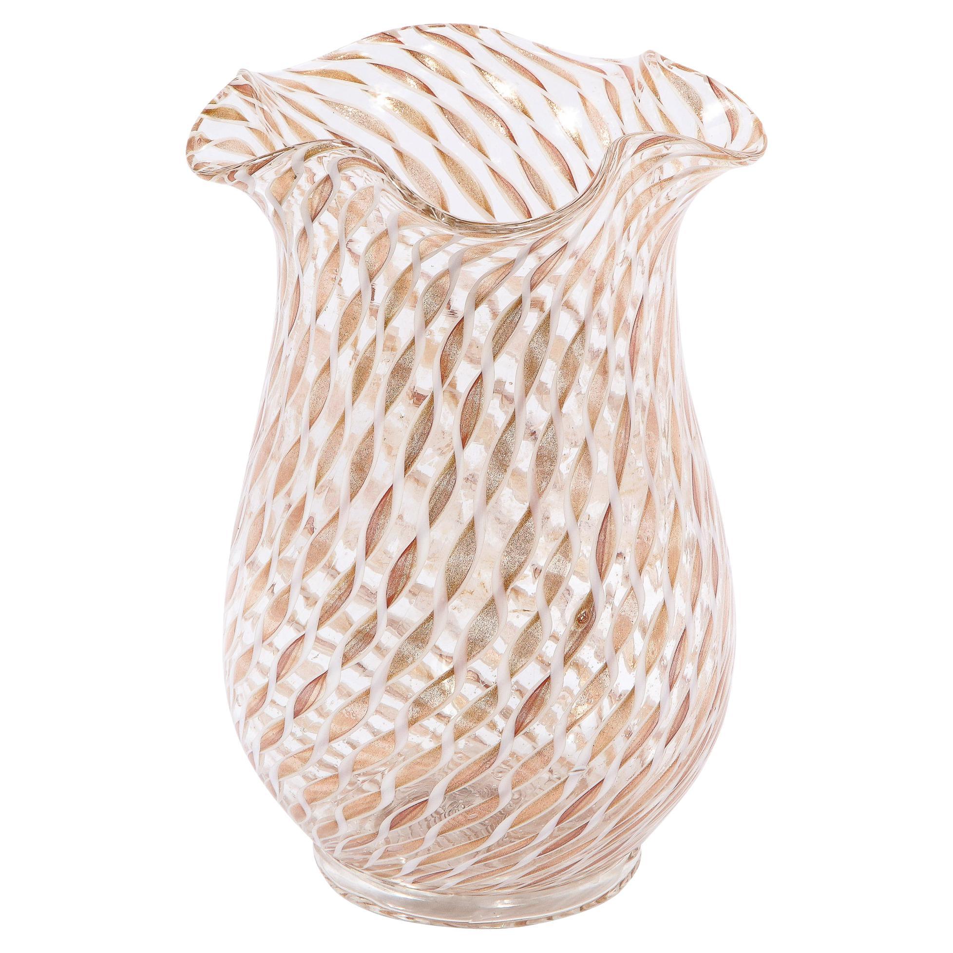Mid Century Modern Hanblown Murano Scalloped Top Vase w/ 24kt Gold Helix Pattern For Sale