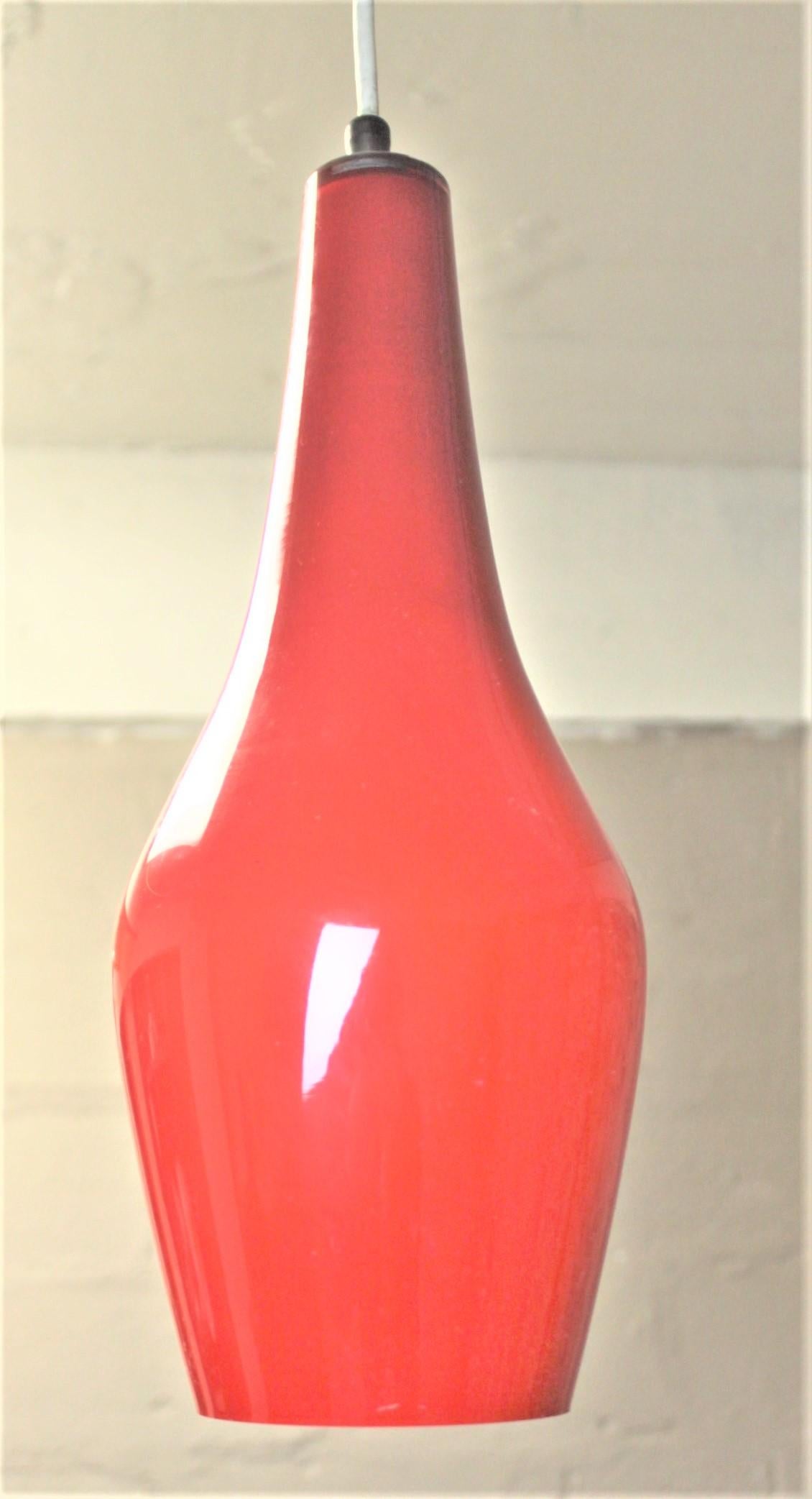 Blown Glass Mid-Century Modern Hand Blown Cased Red Teardrop Glass Pendant Light Fixture For Sale