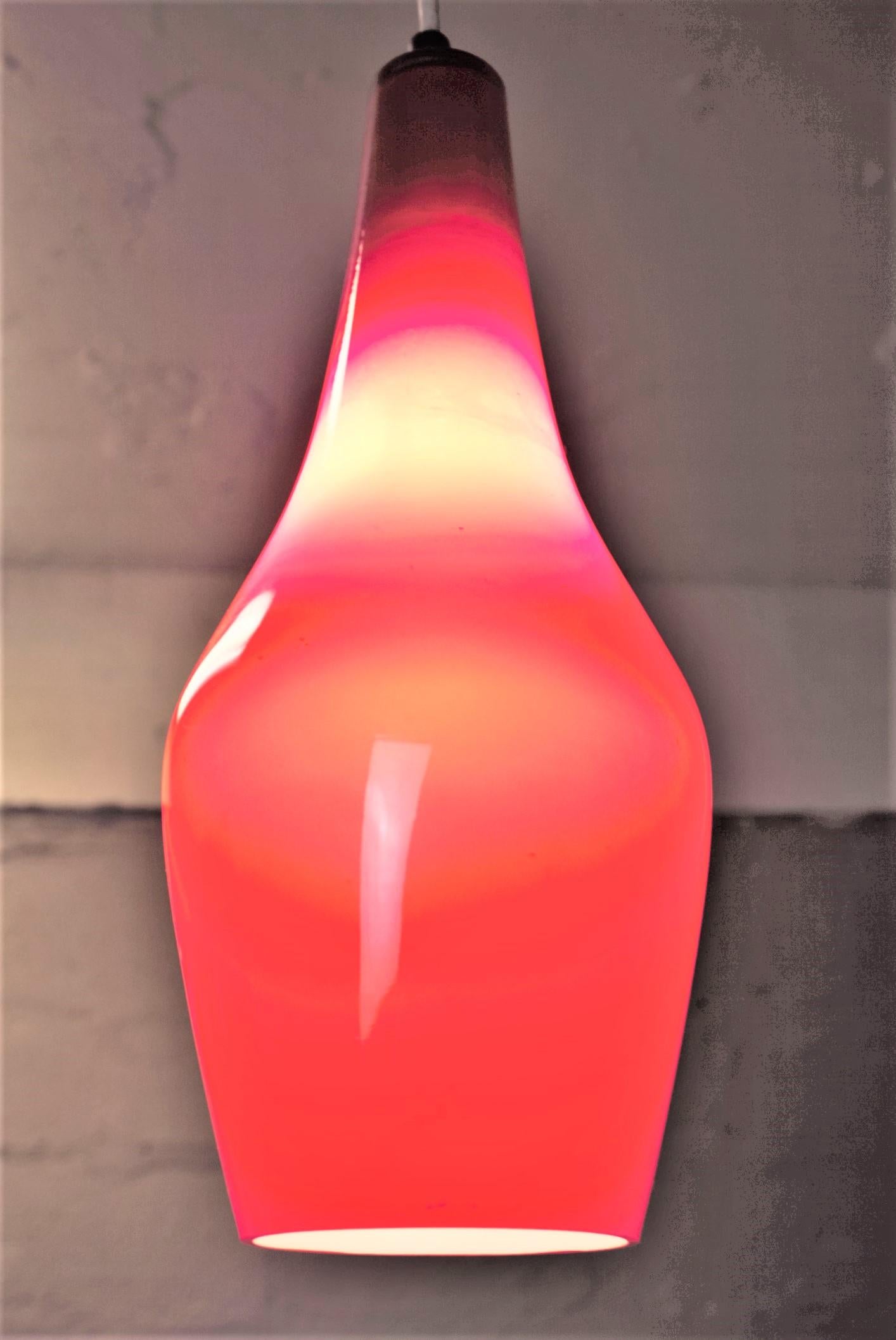 Hand-Crafted Mid-Century Modern Hand Blown Cased Red Teardrop Glass Pendant Light Fixture For Sale