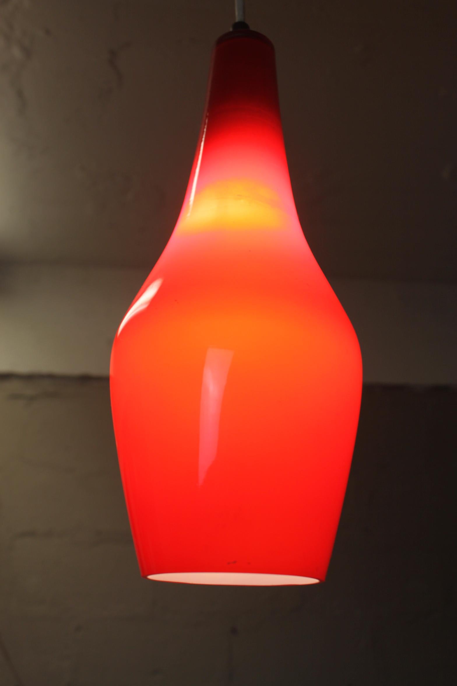 20th Century Mid-Century Modern Hand Blown Cased Red Teardrop Glass Pendant Light Fixture For Sale