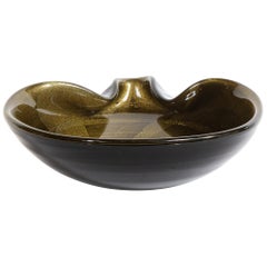 Mid-Century Modern Hand Blown Murano Bowl in Black Glass with 24-kt Gold Flecks