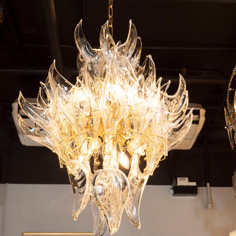 MidCentury Modern Hand Blown Murano Clear Glass "Flame" Chandelier by