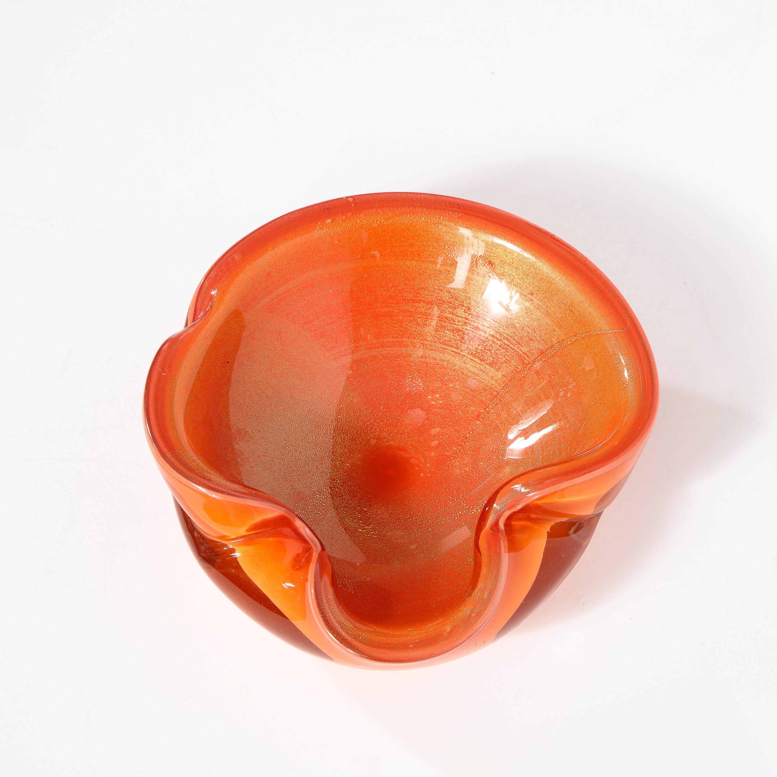 Mid-Century Modern Hand Blown Murano Glass Bowl in Persimmon Hue with 24kt Gold 6