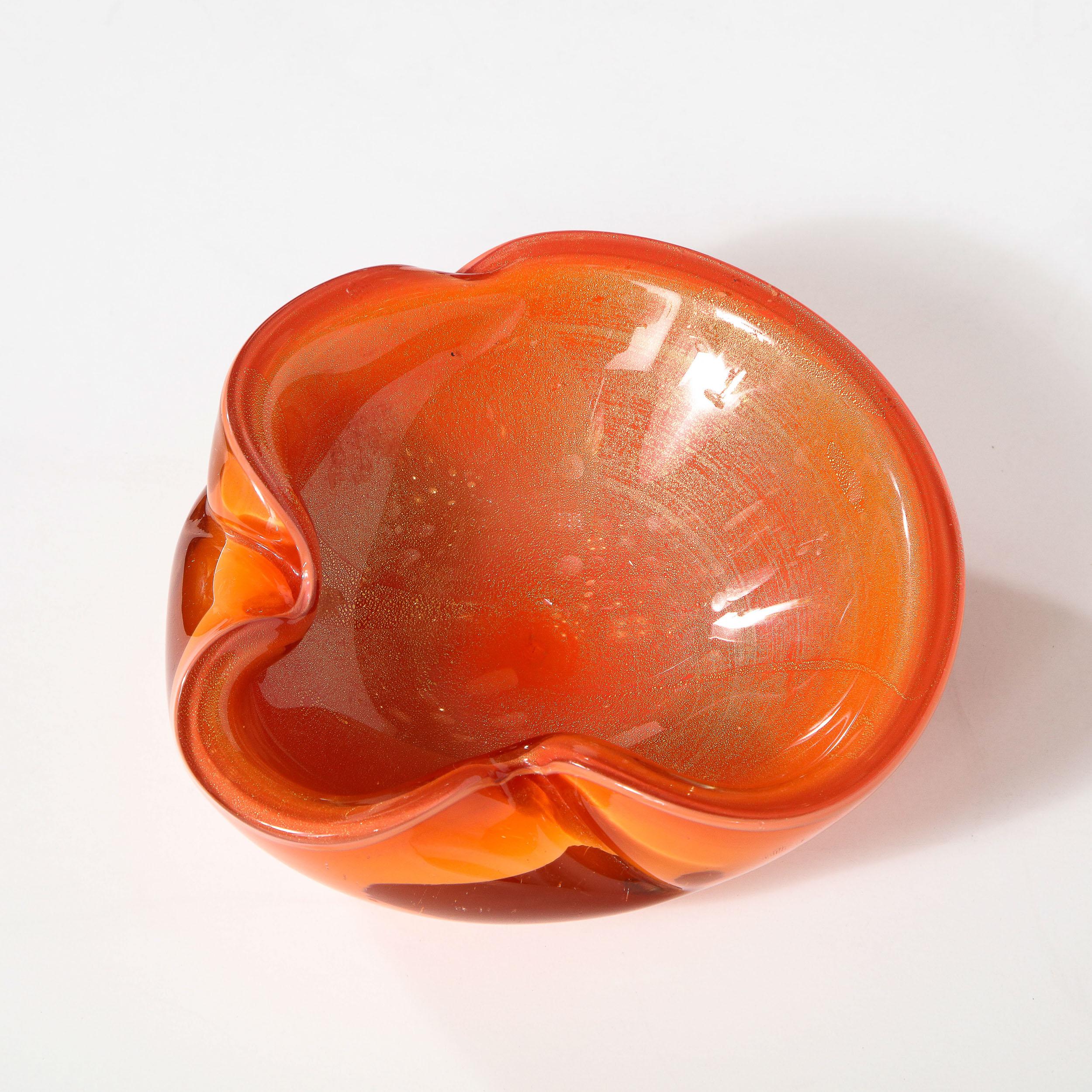 Mid-Century Modern Hand Blown Murano Glass Bowl in Persimmon Hue with 24kt Gold 7