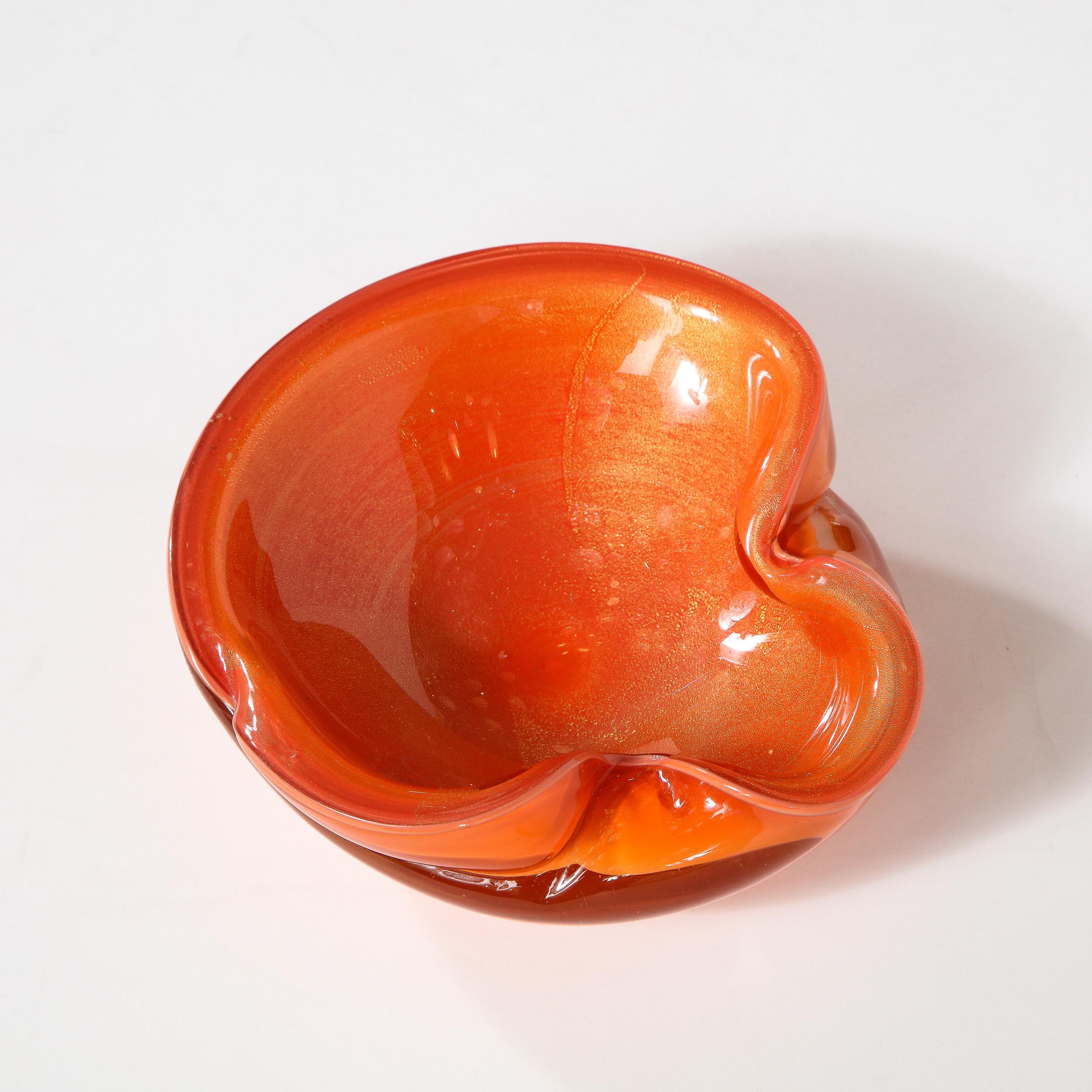 Mid-Century Modern Hand Blown Murano Glass Bowl in Persimmon Hue with 24kt Gold 8